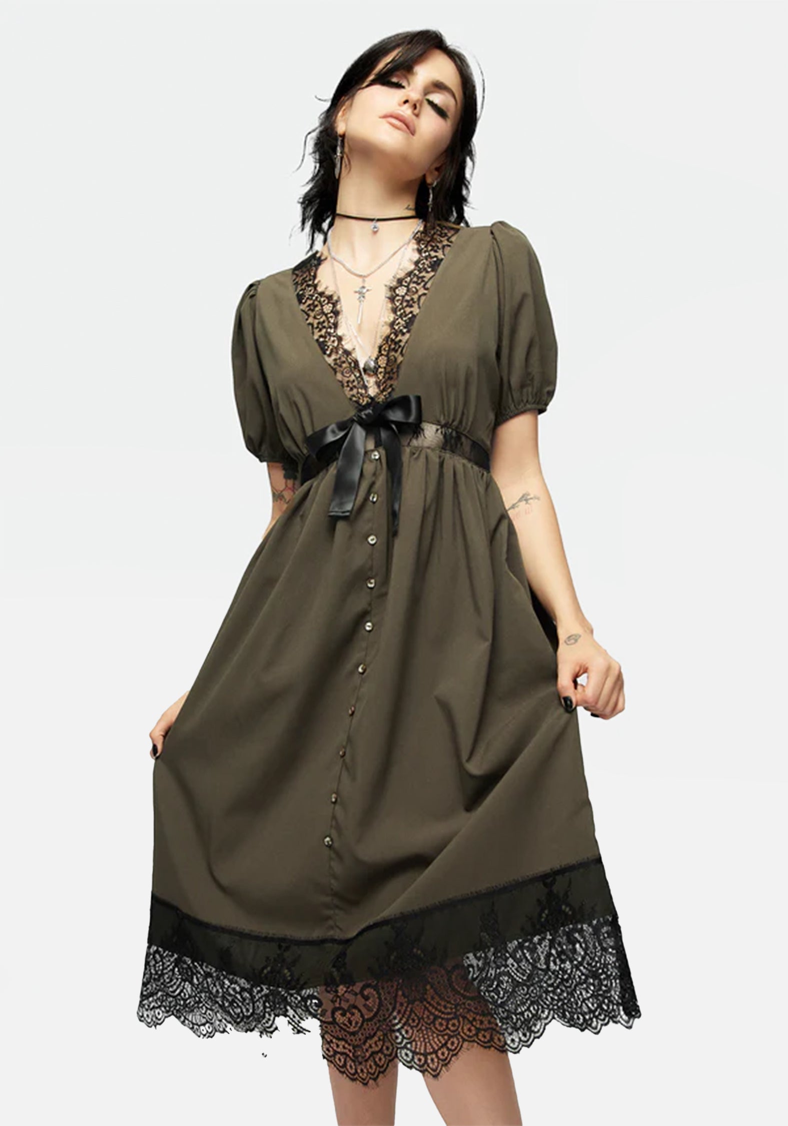 Tea Leaf Lace Midi Dress with Button Up & Sheer Panels | Mortuary