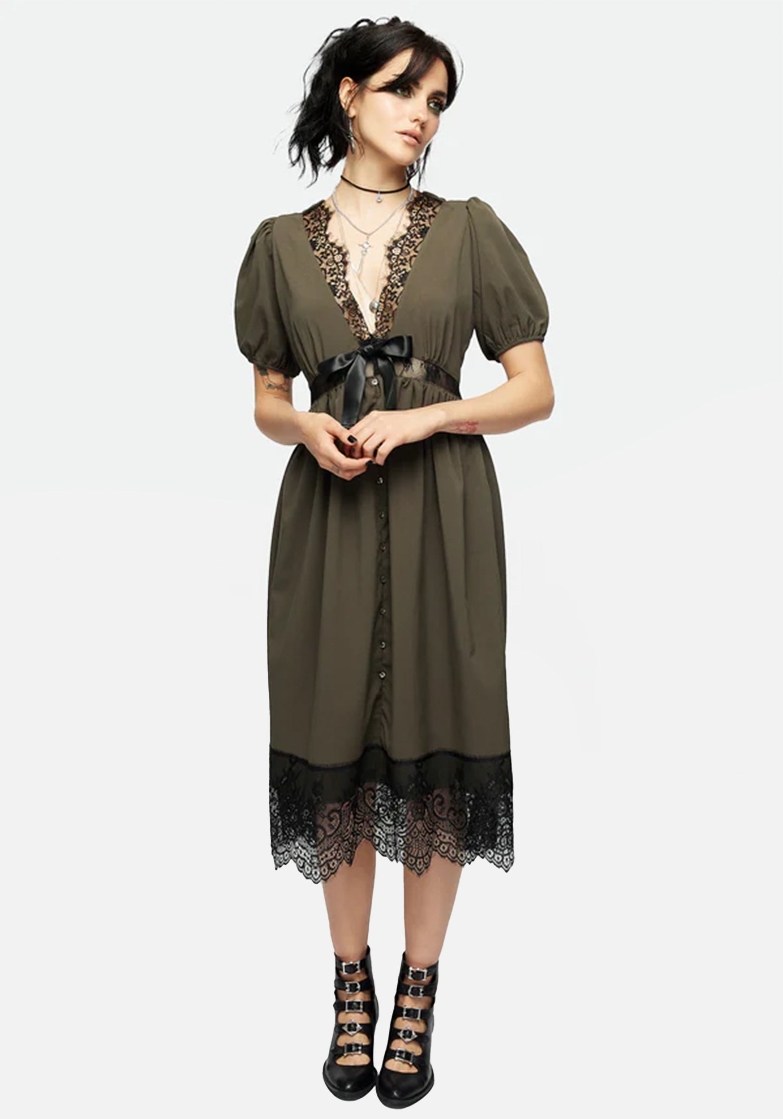 Tea Leaf Lace Midi Dress with Button Up & Sheer Panels | Mortuary