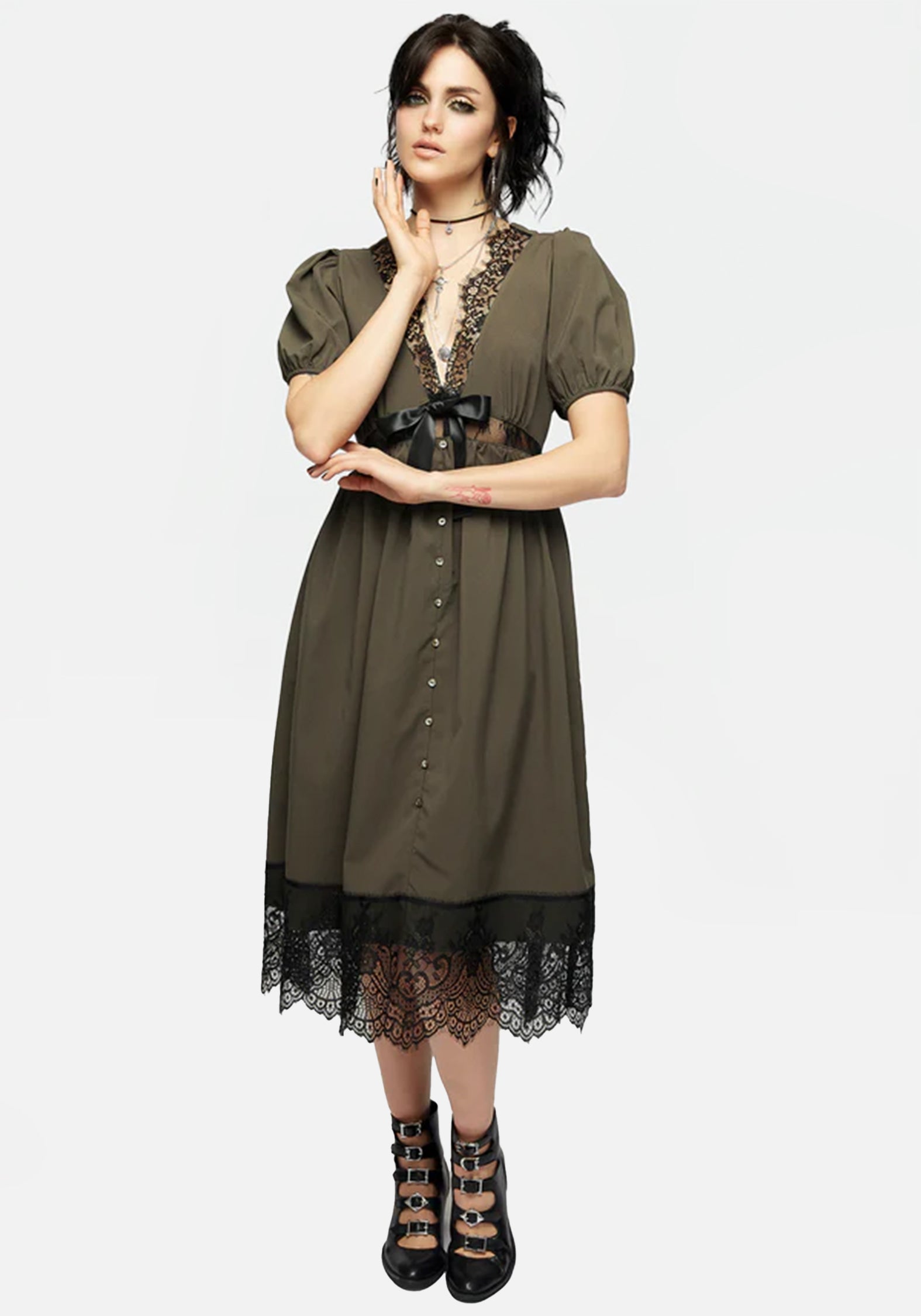 Tea Leaf Lace Midi Dress with Button Up & Sheer Panels | Mortuary