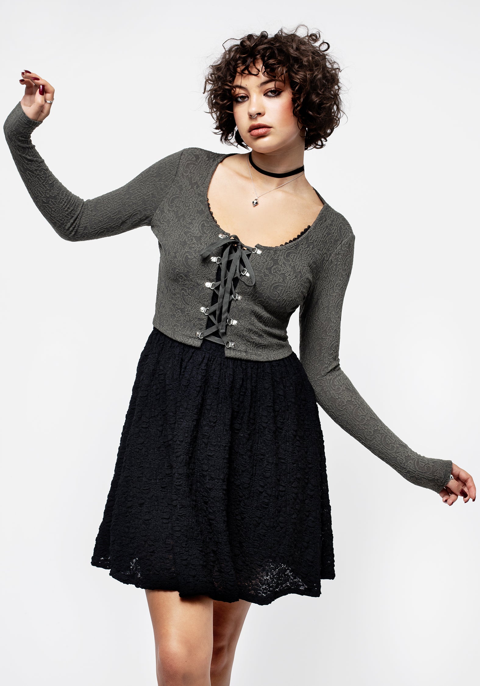 Green Lace-Up Long Sleeve Crop Top with Adjustable Front | Laurel