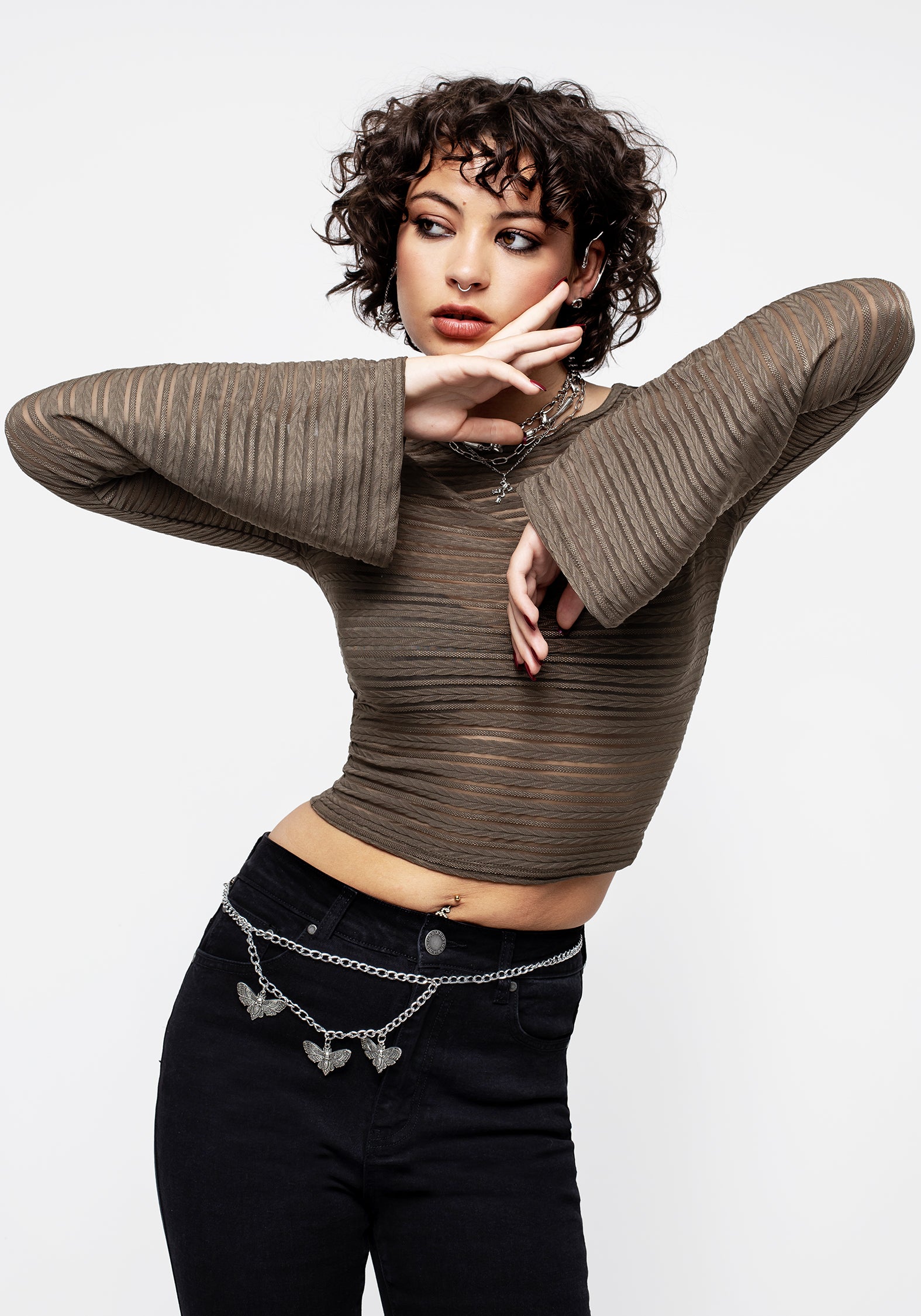 Green Sheer Flared Sleeve Crop Top | Habundia