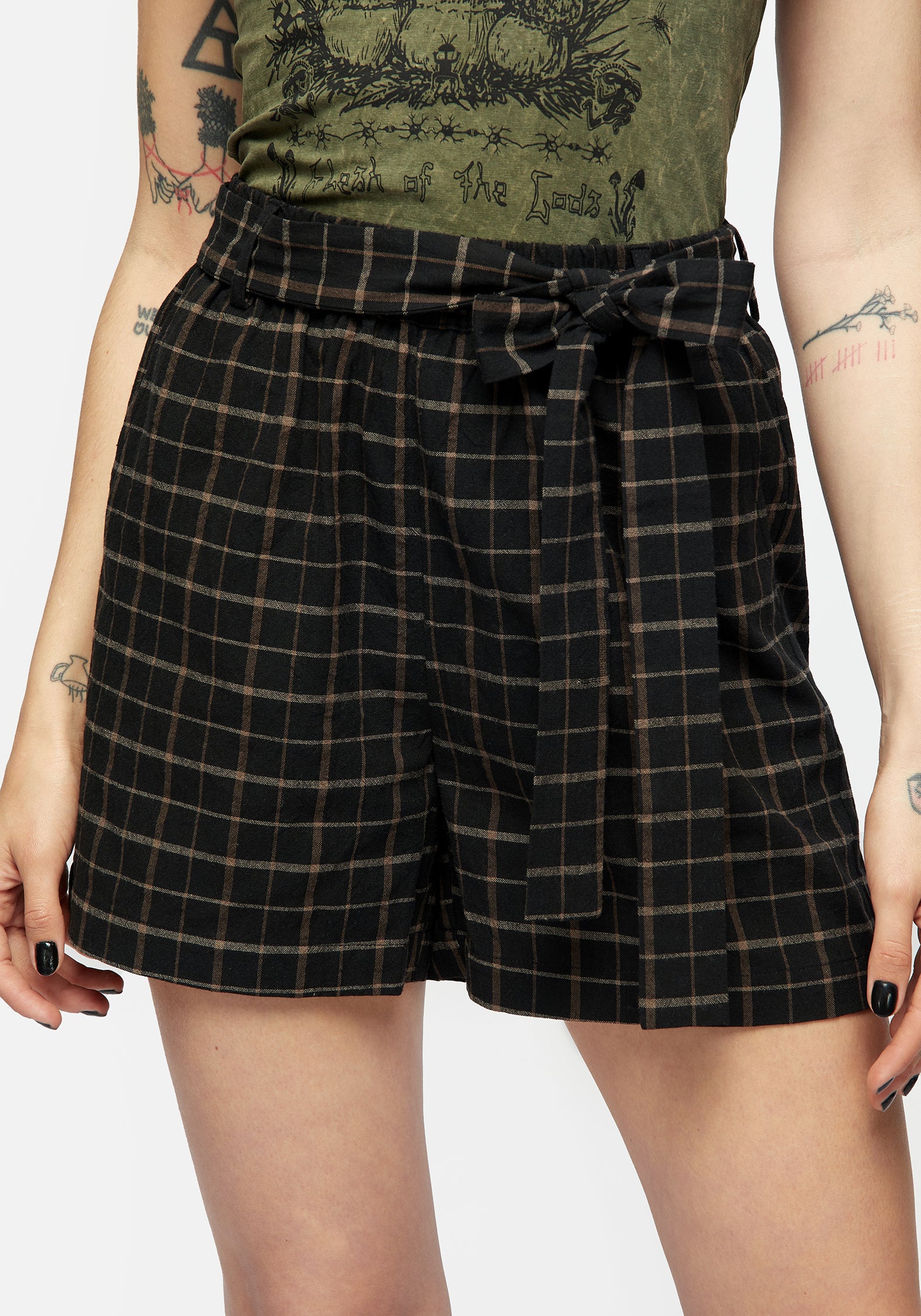 Black & Khaki Check High-Rise Shorts with Tie Waist | Cotton Casual Wear