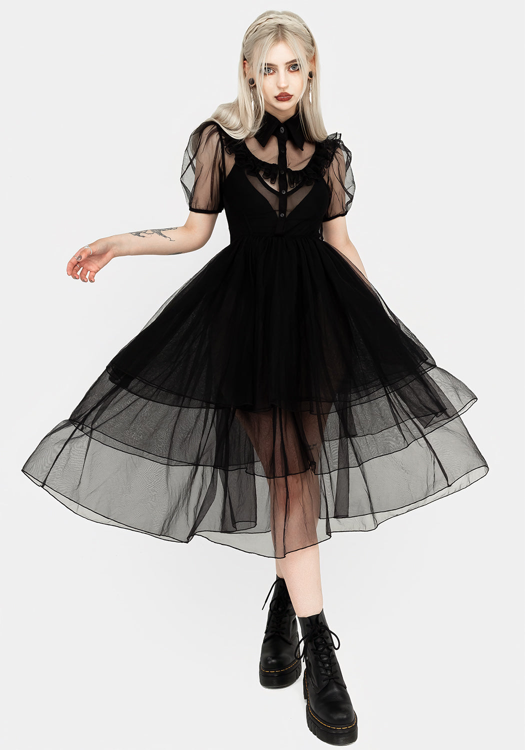 Black Tulle Gown with Frill Yoke & Puff Sleeves | Headhunter