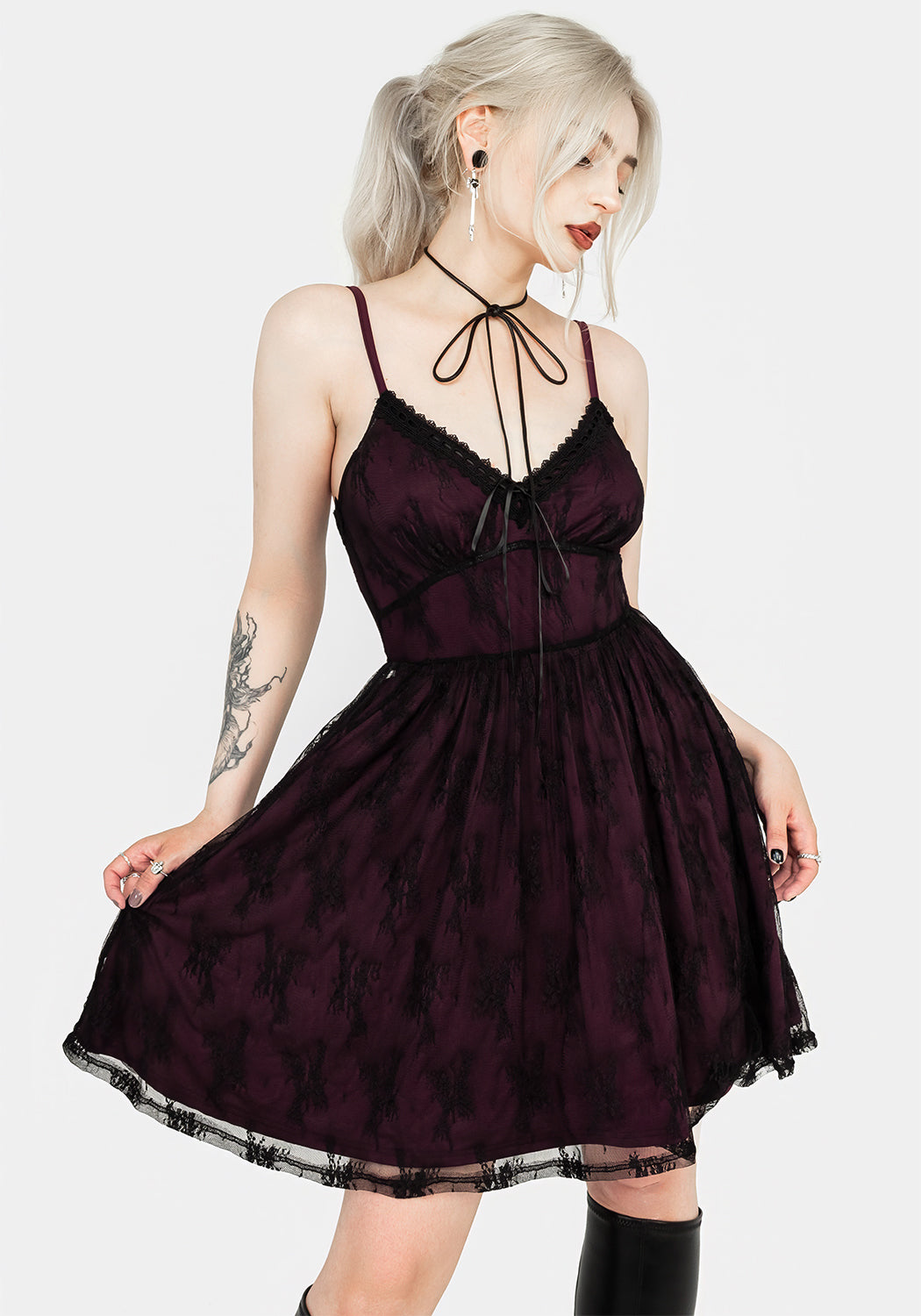 Purple & Black Lace Mini Dress with Adjustable Straps | Anastasie