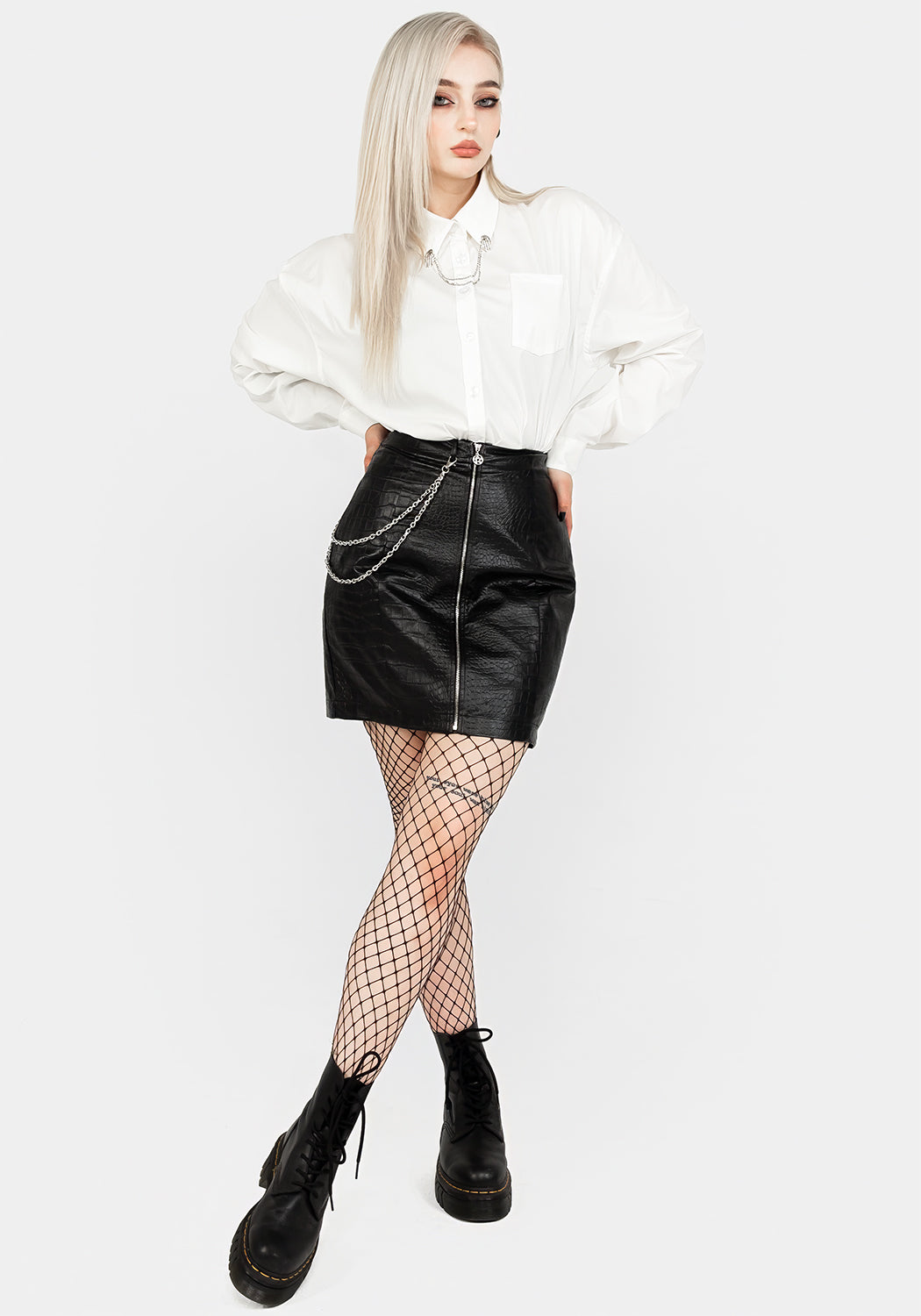 Faux Crocodile Zip Front Mini Skirt with A-Line Cut | Antrum