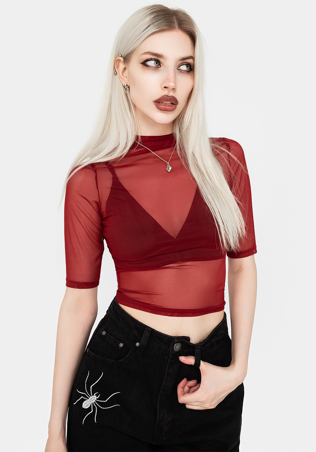 Red Mesh Crop Top with Short Sleeves & High Neckline | Jinx