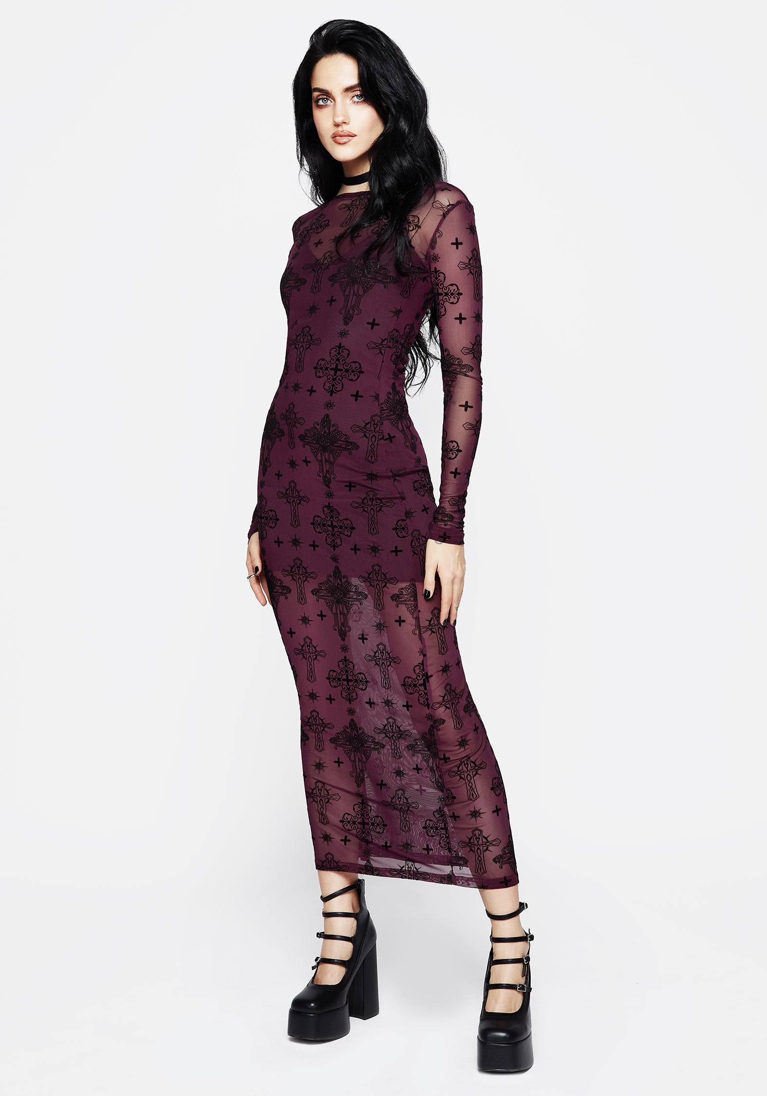 Purple Flocked Mesh Maxi Dress with Crucifix Design | Priestess