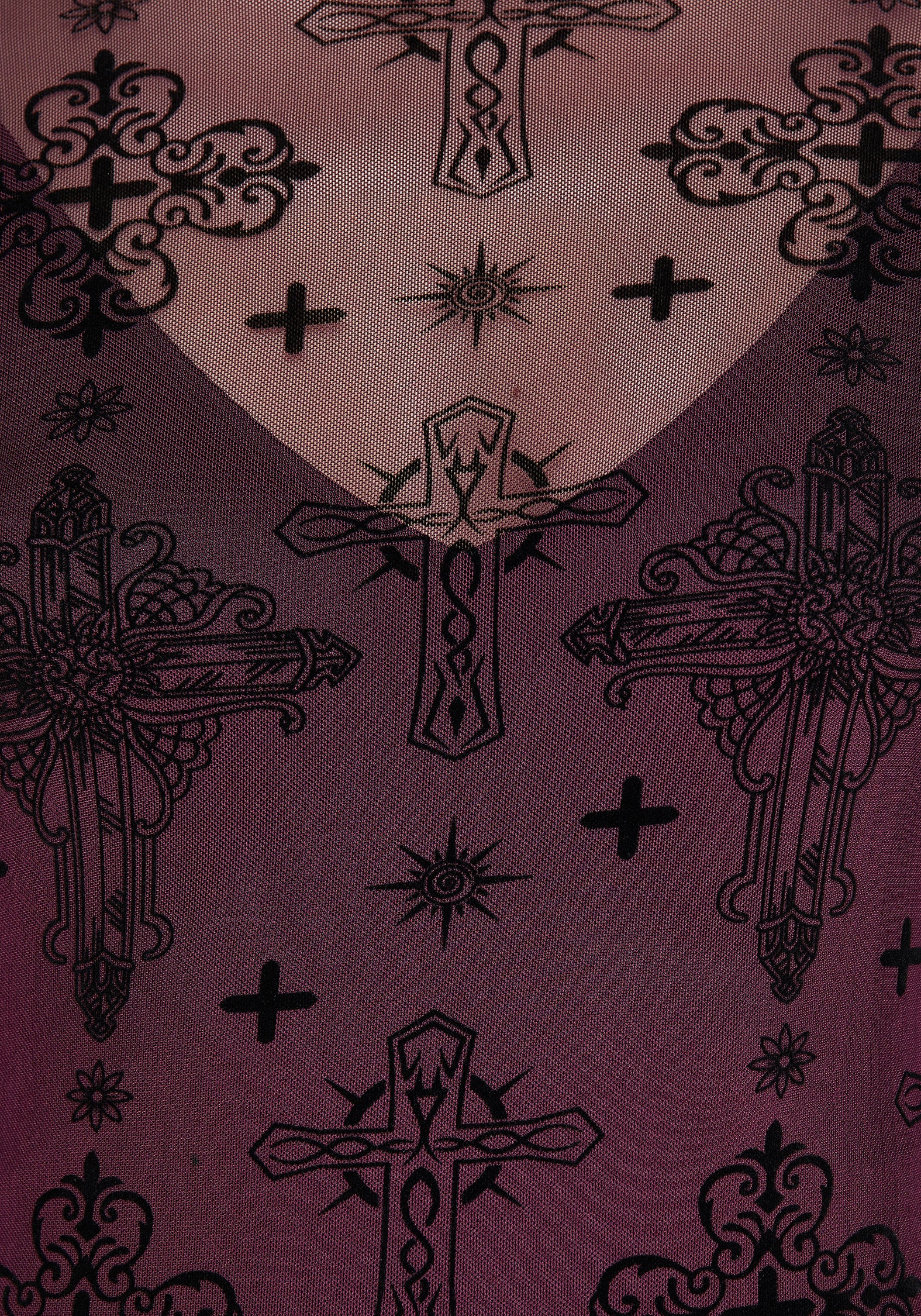 Purple Flocked Mesh Maxi Dress with Crucifix Design | Priestess