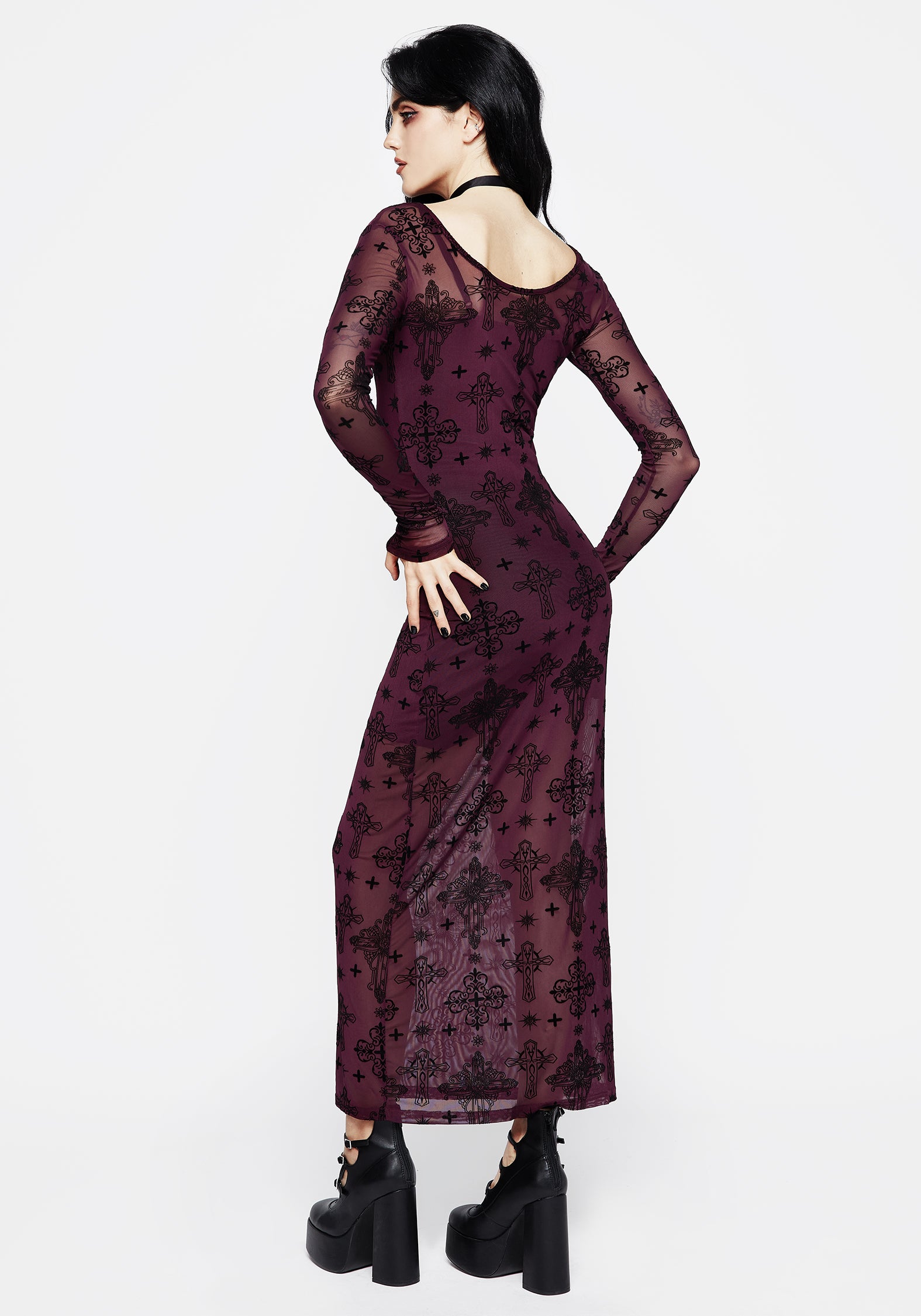 Purple Flocked Mesh Maxi Dress with Crucifix Design | Priestess