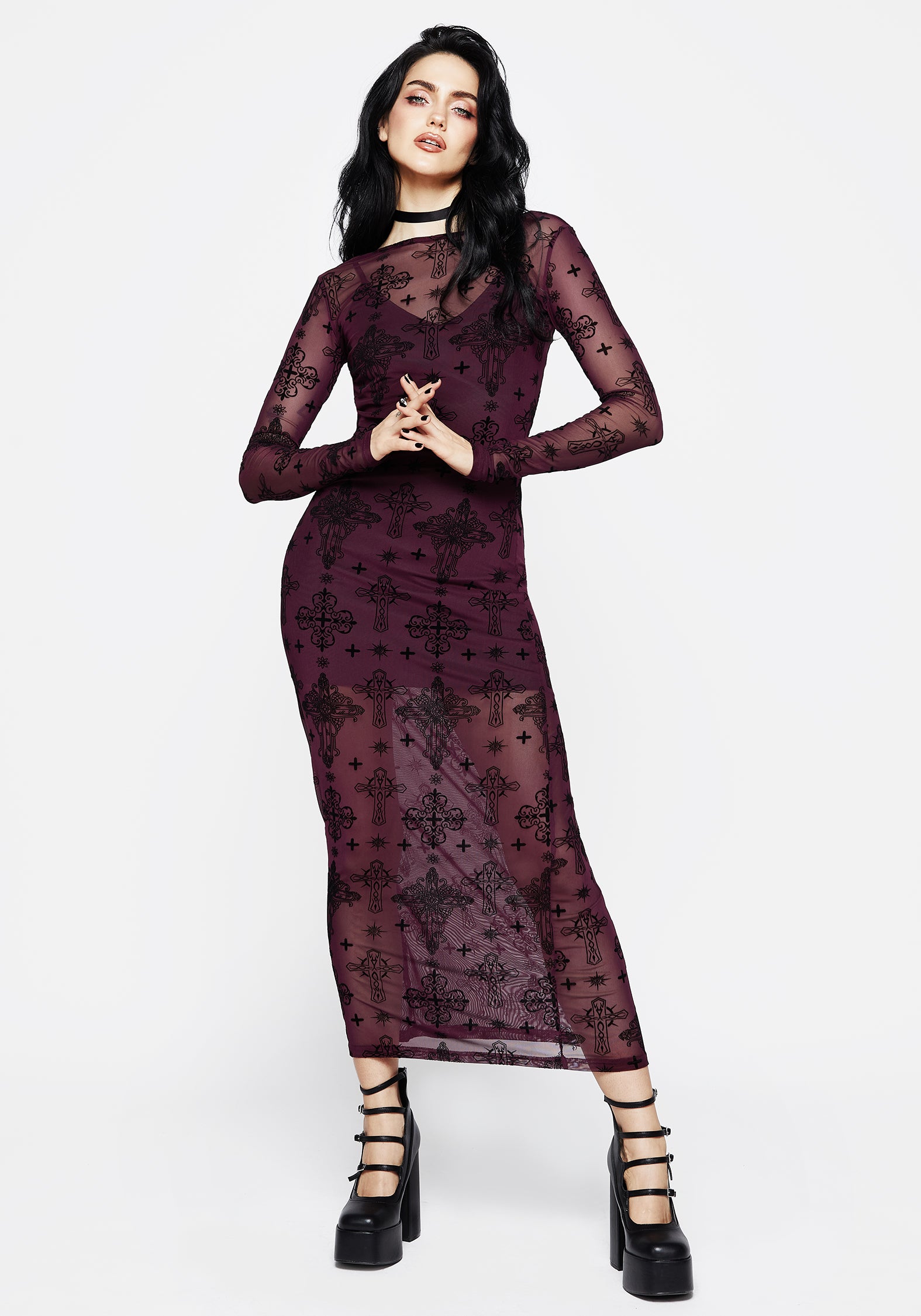 Purple Flocked Mesh Maxi Dress with Crucifix Design | Priestess