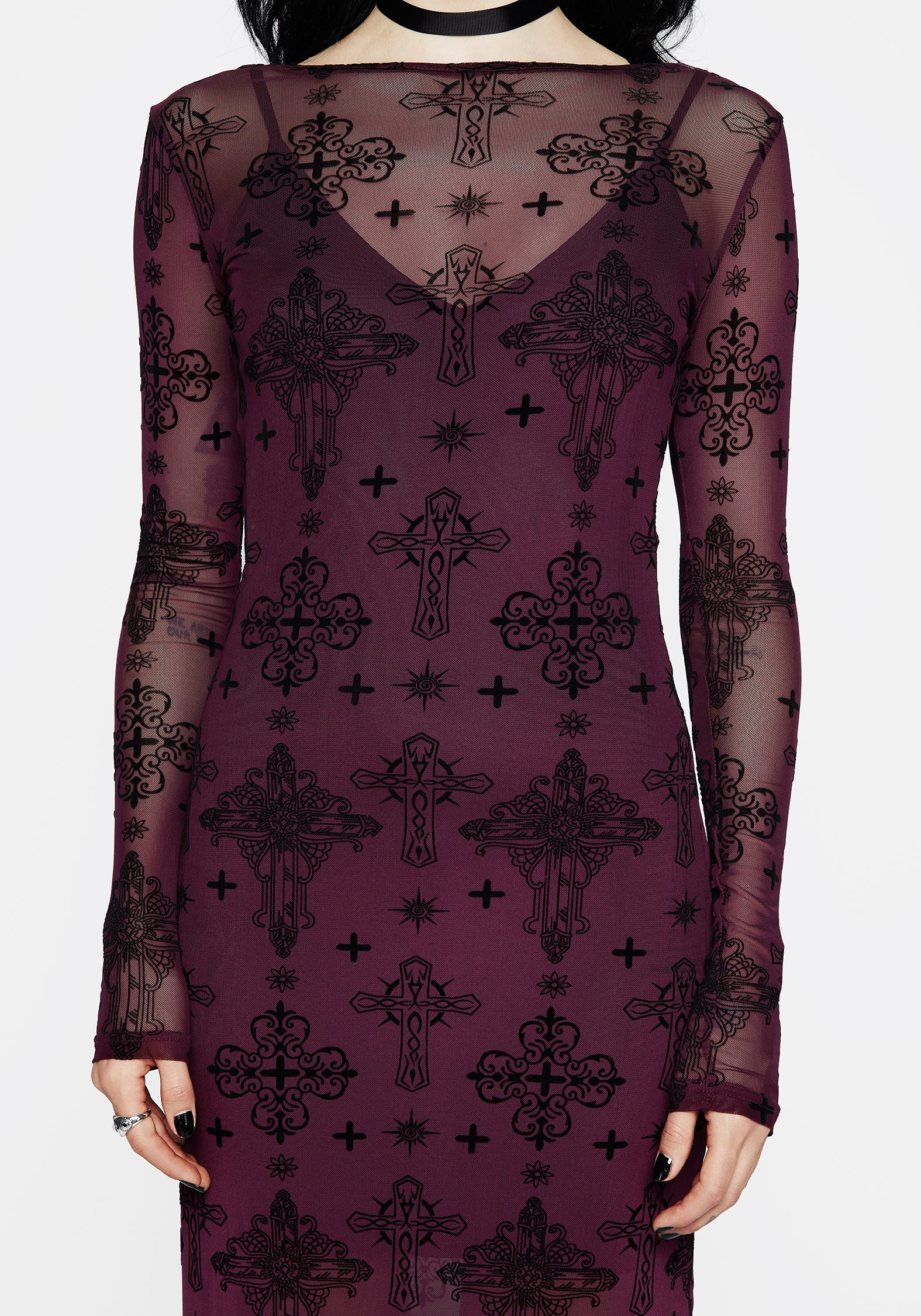 Purple Flocked Mesh Maxi Dress with Crucifix Design | Priestess