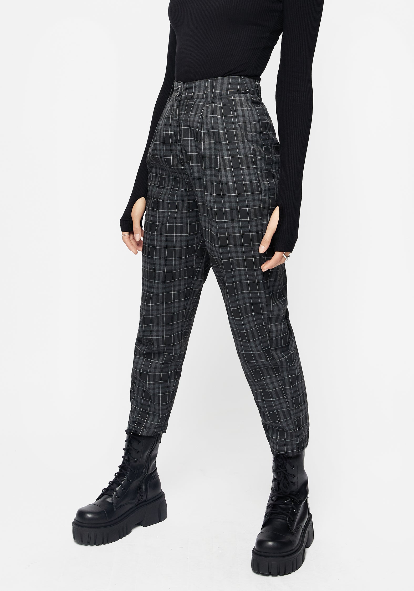 Black & Grey Check Tapered Trousers with Knife Pleats | Lilin