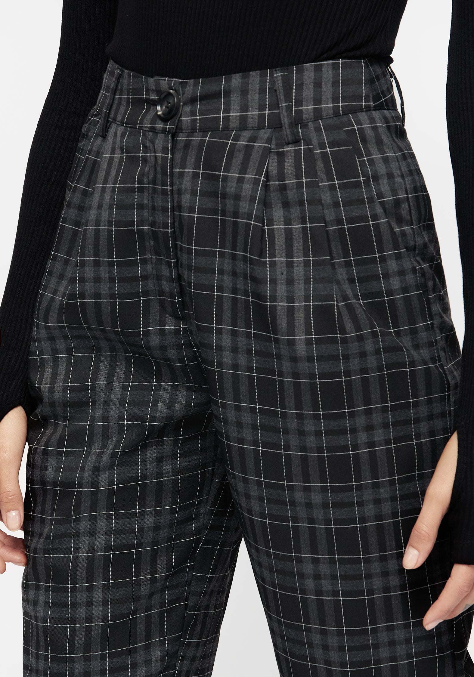 Black & Grey Check Tapered Trousers with Knife Pleats | Lilin