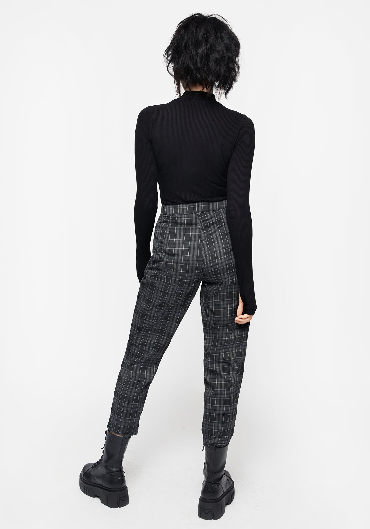 Black & Grey Check Tapered Trousers with Knife Pleats | Lilin