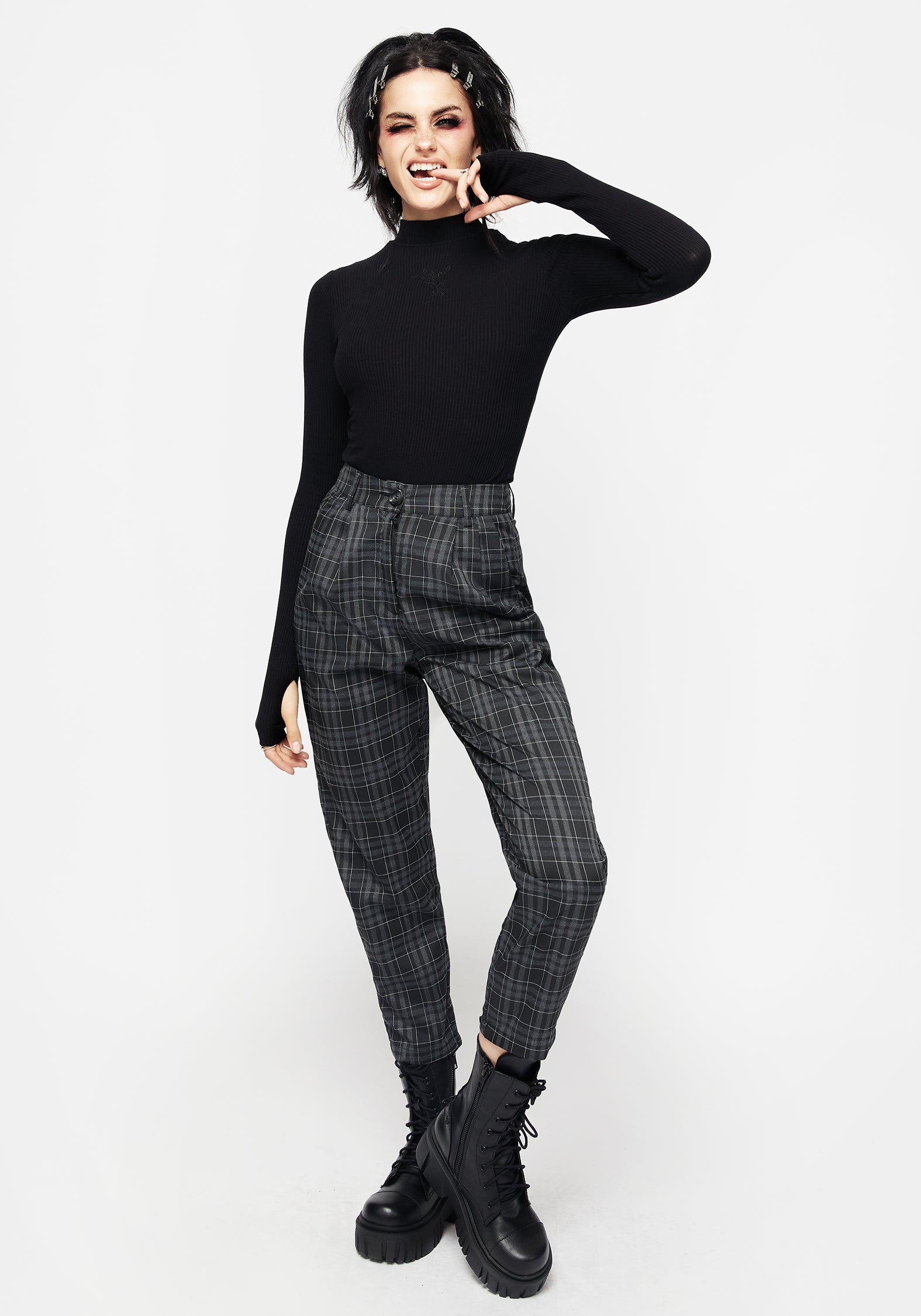 Black & Grey Check Tapered Trousers with Knife Pleats | Lilin