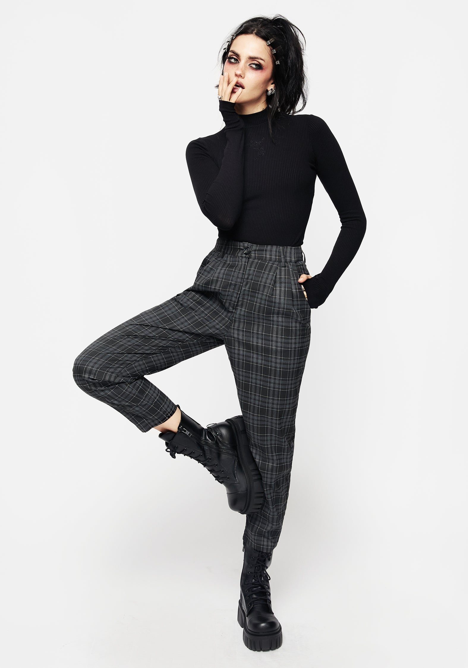 Black & Grey Check Tapered Trousers with Knife Pleats | Lilin