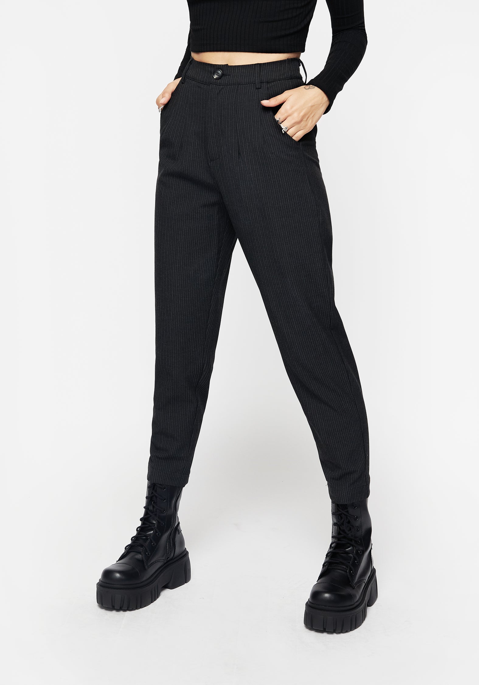 High Waist Tapered Trousers with Pinstripe & Elastic Waistband | Merci