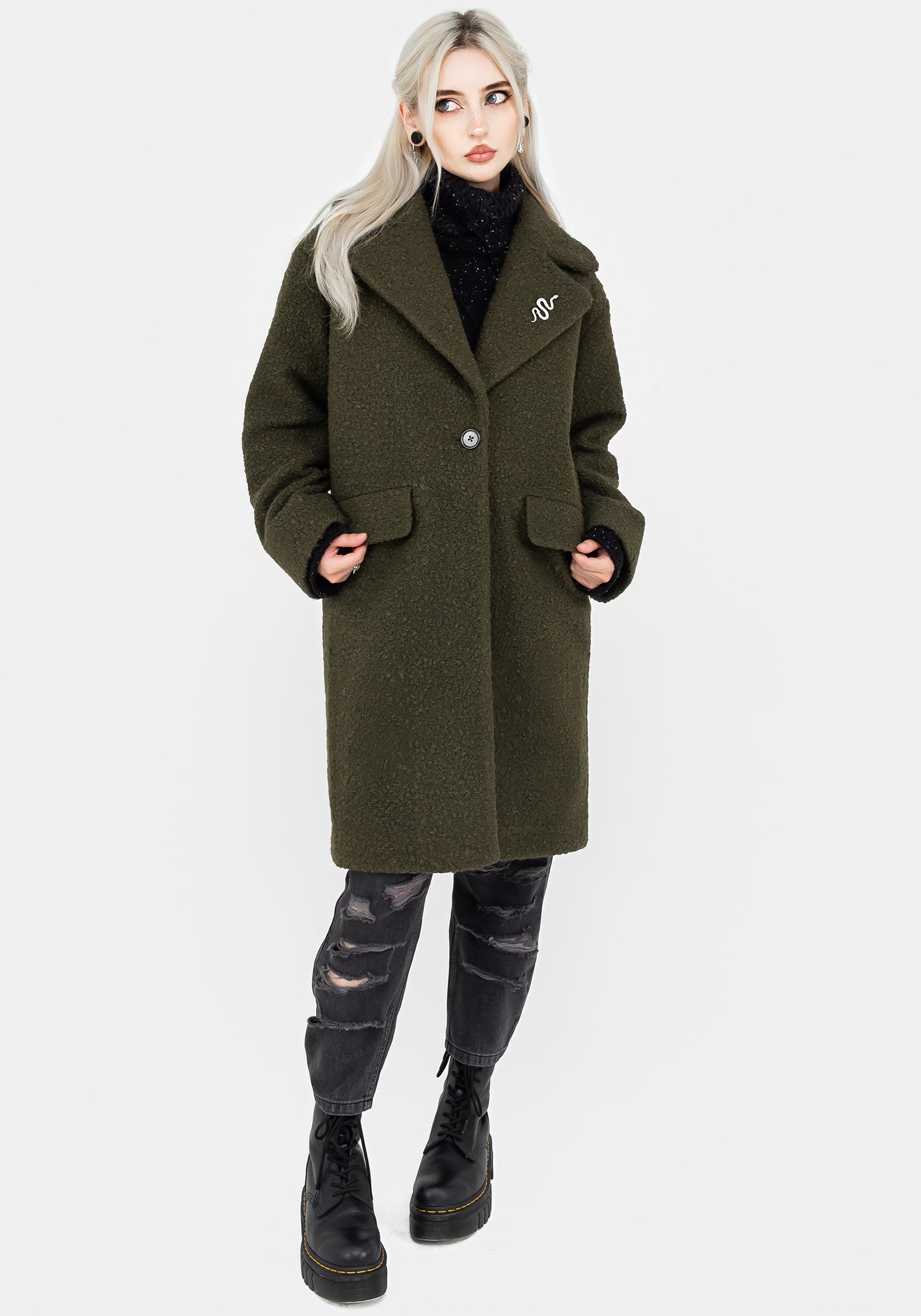Oversized Bouclé Coat with Snake Brooch | Gorgon Green