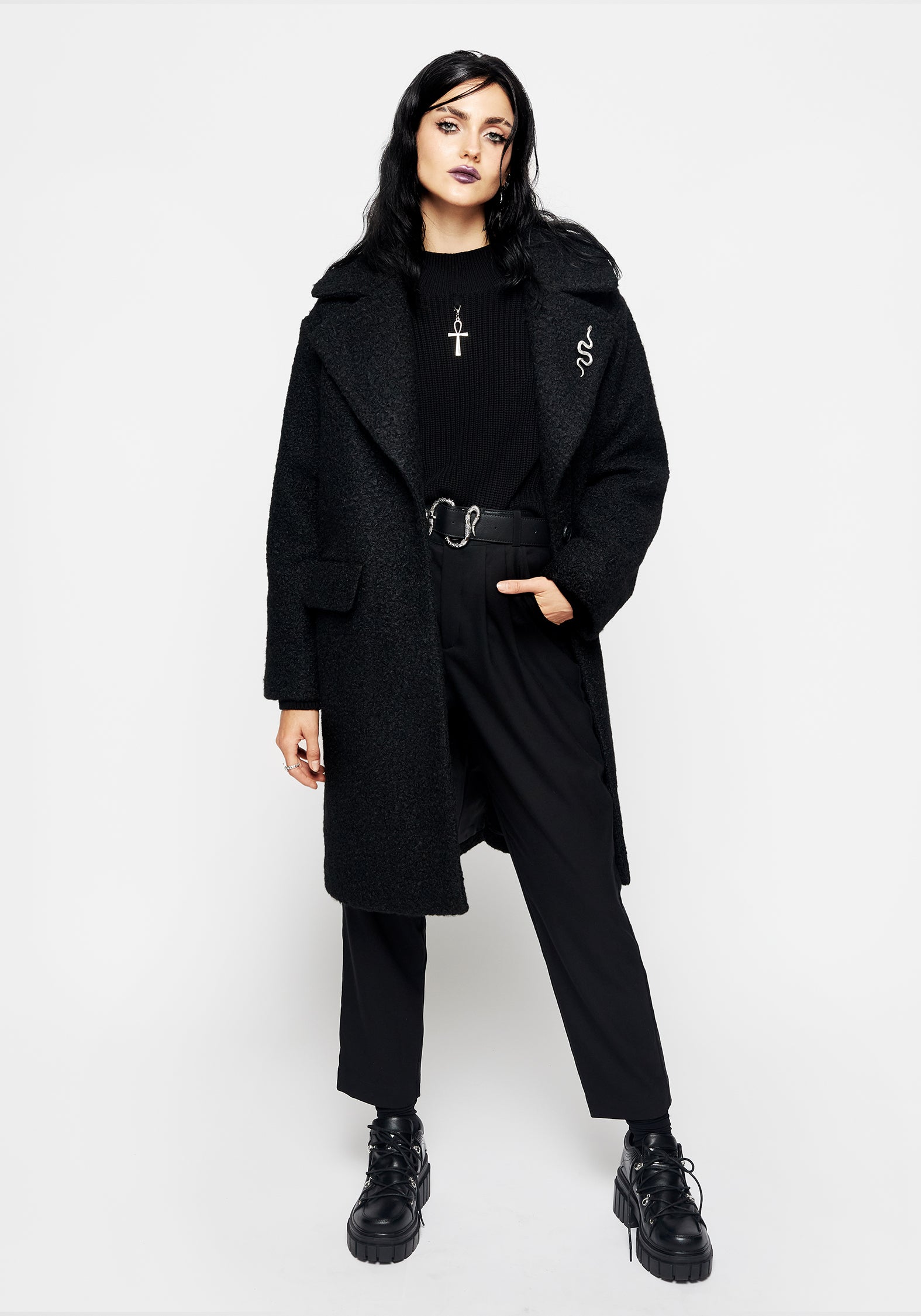 Oversized Bouclé Coat with Snake Brooch - Black | Gorgon