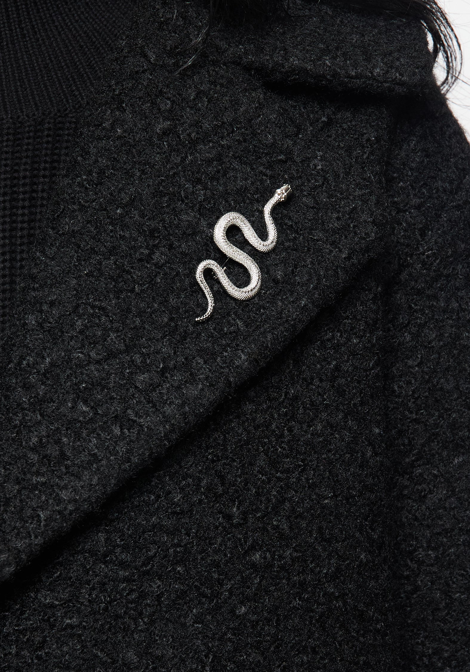 Oversized Bouclé Coat with Snake Brooch - Black | Gorgon