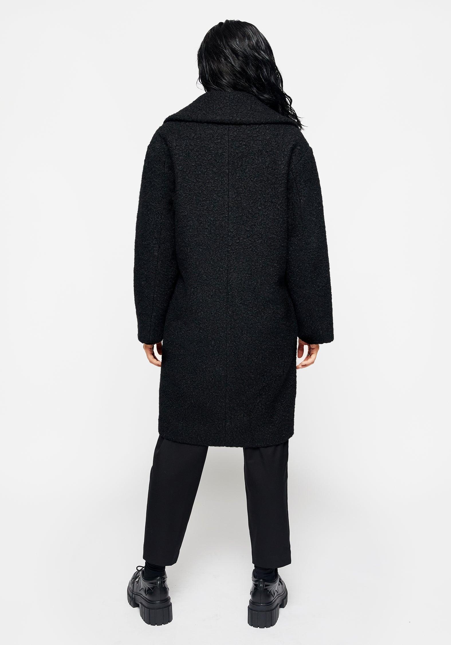 Oversized Bouclé Coat with Snake Brooch - Black | Gorgon