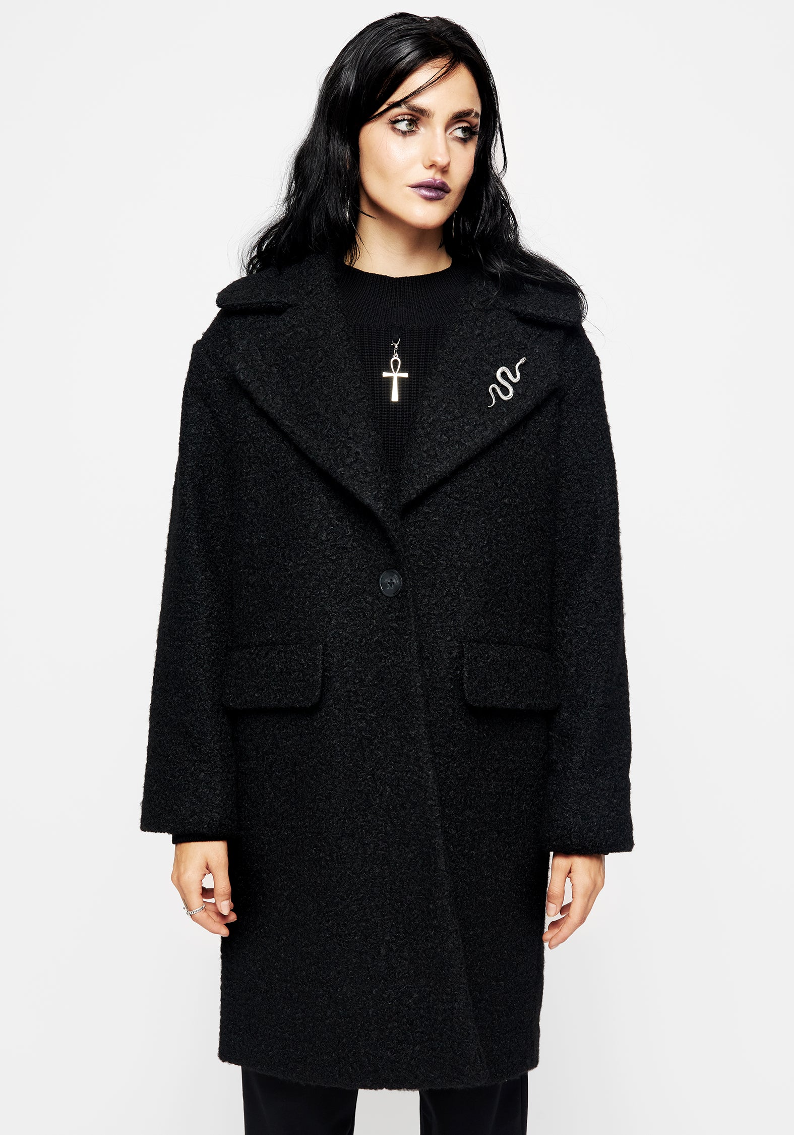 Oversized Bouclé Coat with Snake Brooch - Black | Gorgon