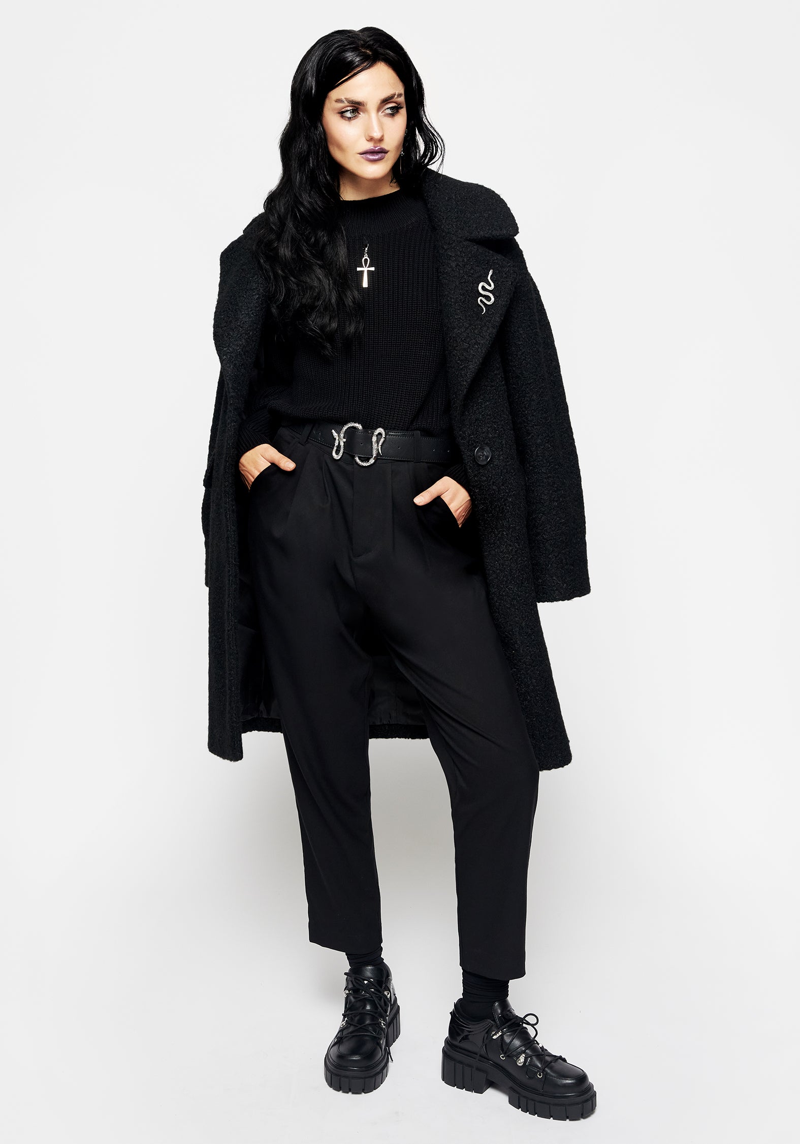 Oversized Bouclé Coat with Snake Brooch - Black | Gorgon