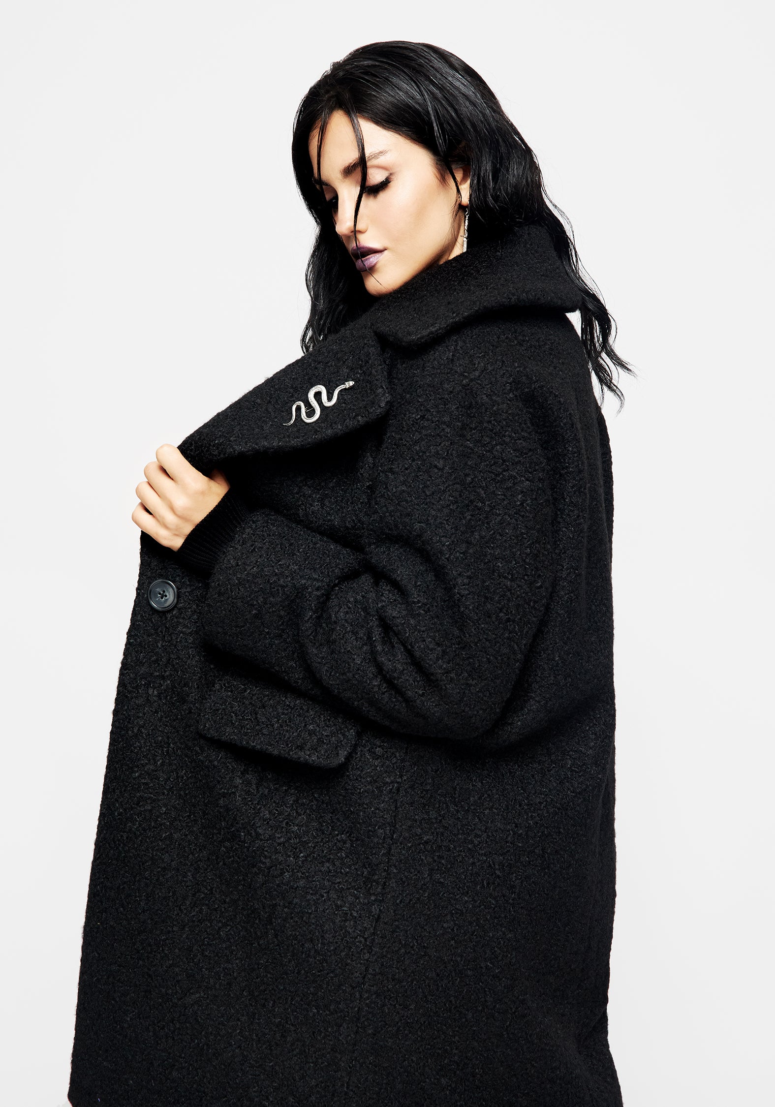 Oversized Bouclé Coat with Snake Brooch - Black | Gorgon
