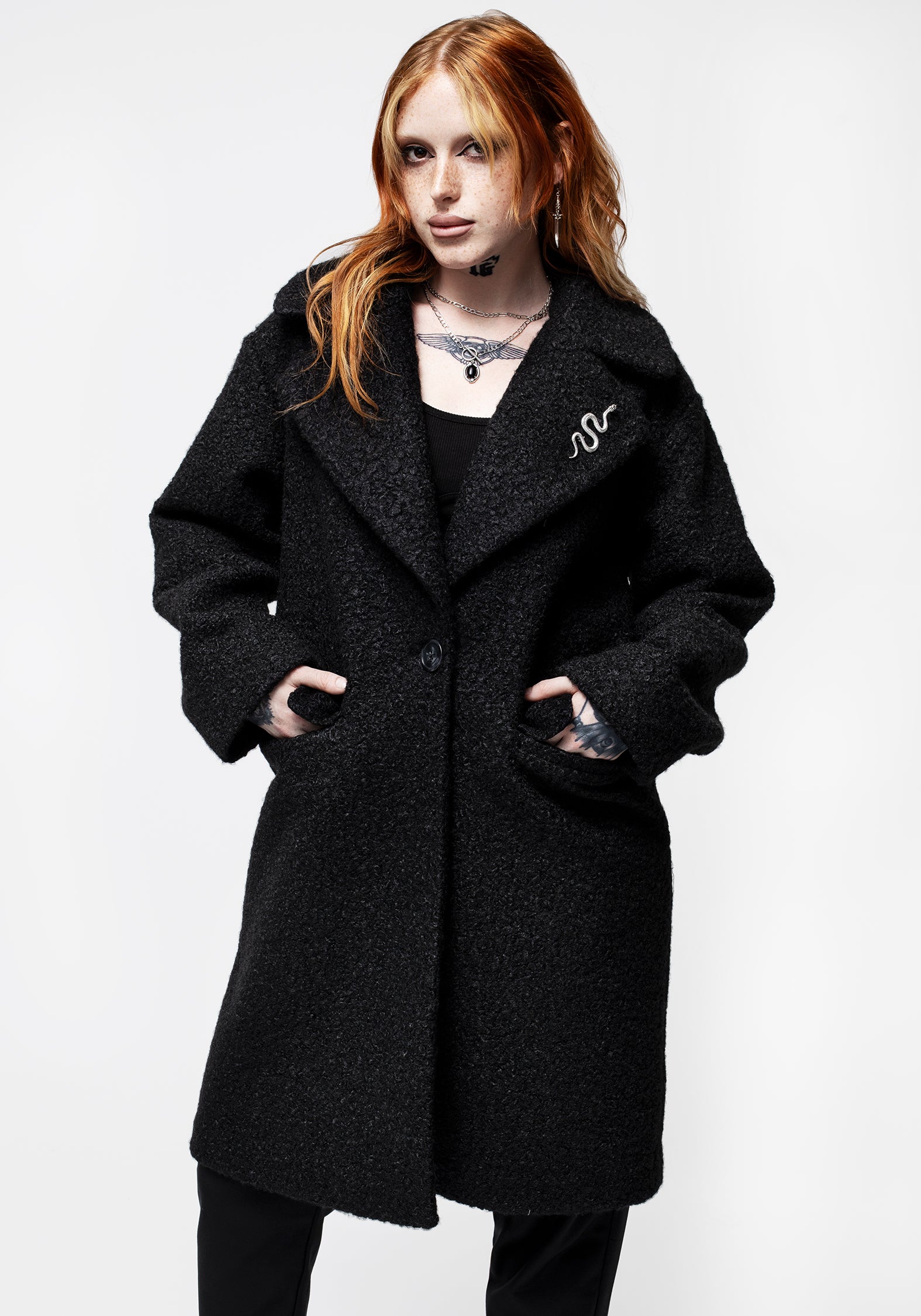Oversized Bouclé Coat with Snake Brooch - Black | Gorgon