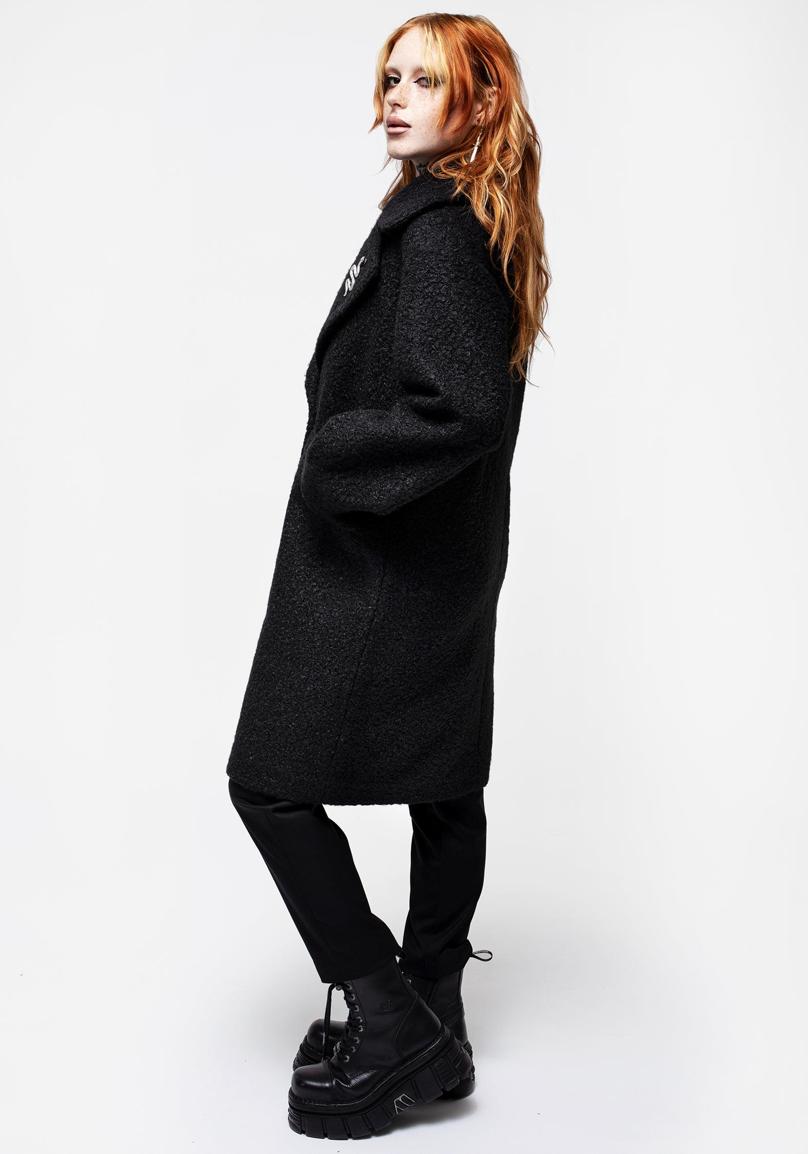Oversized Bouclé Coat with Snake Brooch - Black | Gorgon