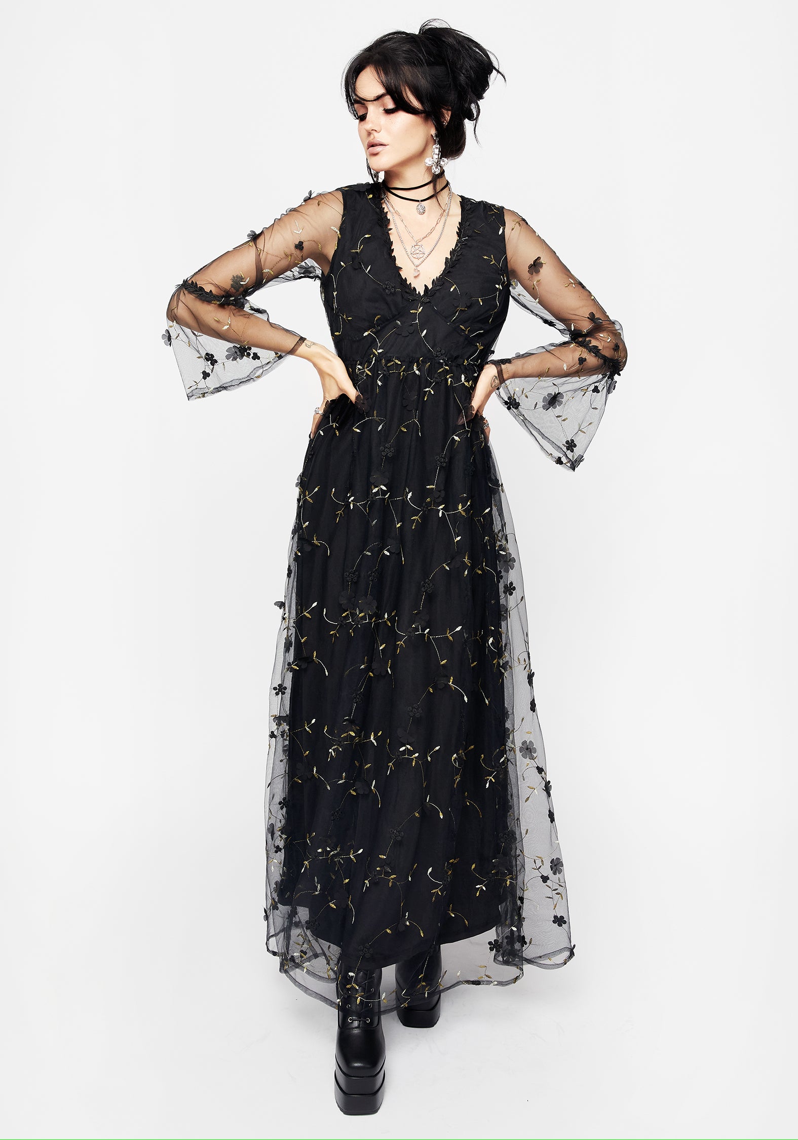 Black Floral Embroidered Tulle Maxi Dress with Gold Embellishments | Chrysanthi