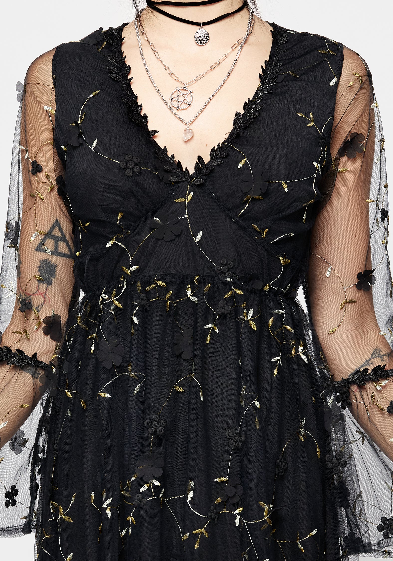 Black Floral Embroidered Tulle Maxi Dress with Gold Embellishments | Chrysanthi