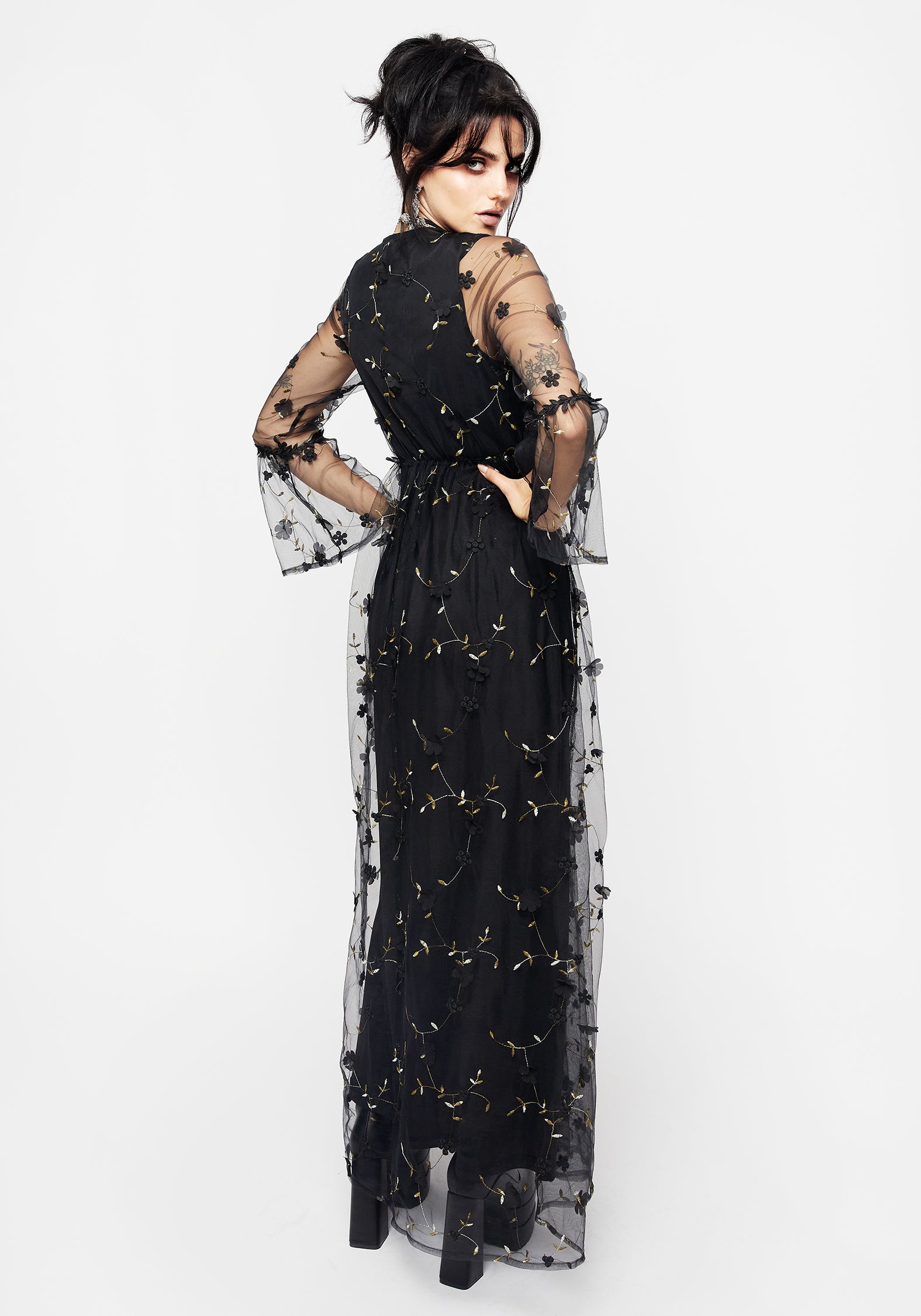 Black Floral Embroidered Tulle Maxi Dress with Gold Embellishments | Chrysanthi