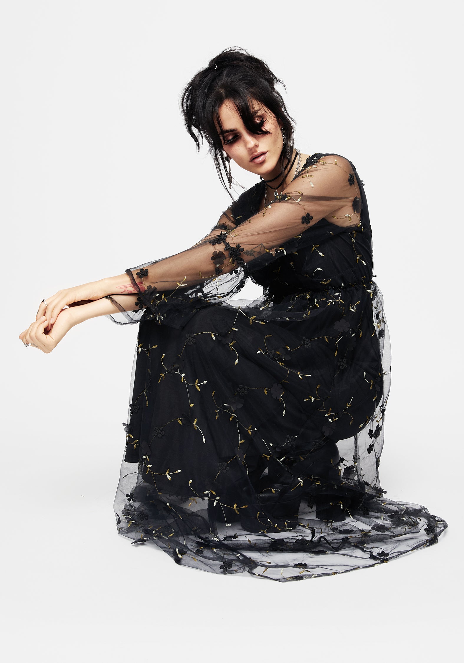 Black Floral Embroidered Tulle Maxi Dress with Gold Embellishments | Chrysanthi