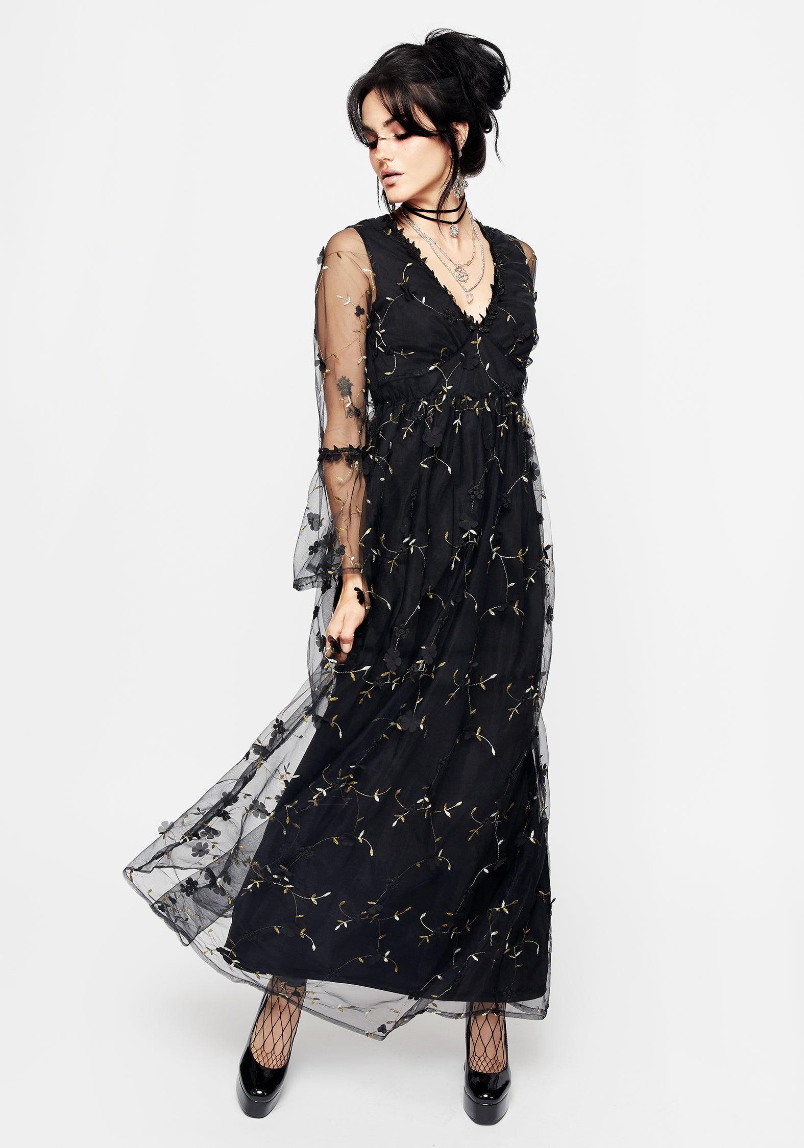 Black Floral Embroidered Tulle Maxi Dress with Gold Embellishments | Chrysanthi