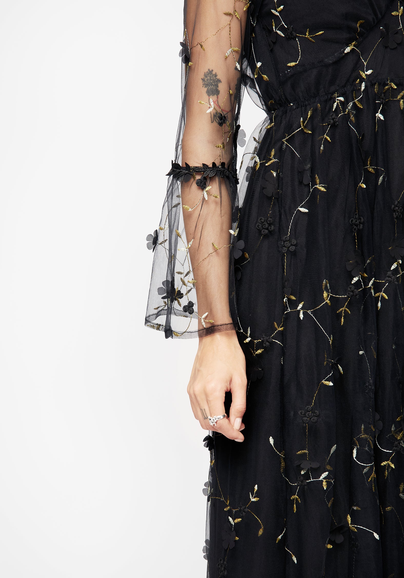 Black Floral Embroidered Tulle Maxi Dress with Gold Embellishments | Chrysanthi