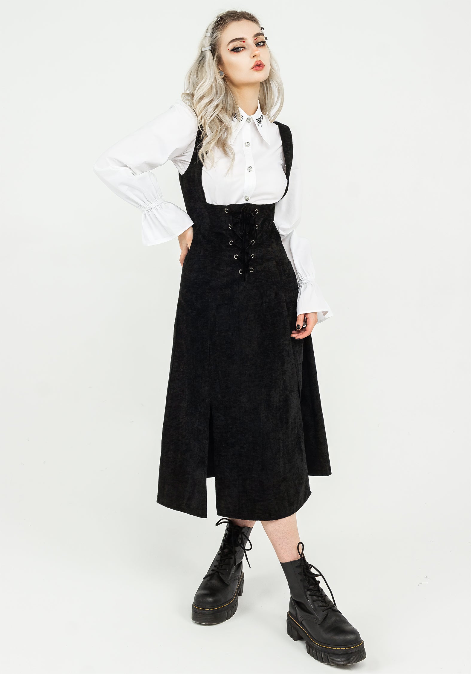 Black Corduroy Lace-Up Midi Pinafore Dress | Valar