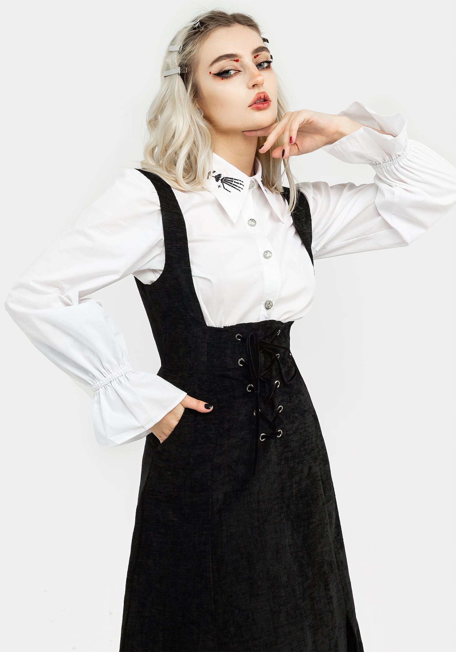 Black Corduroy Lace-Up Midi Pinafore Dress | Valar