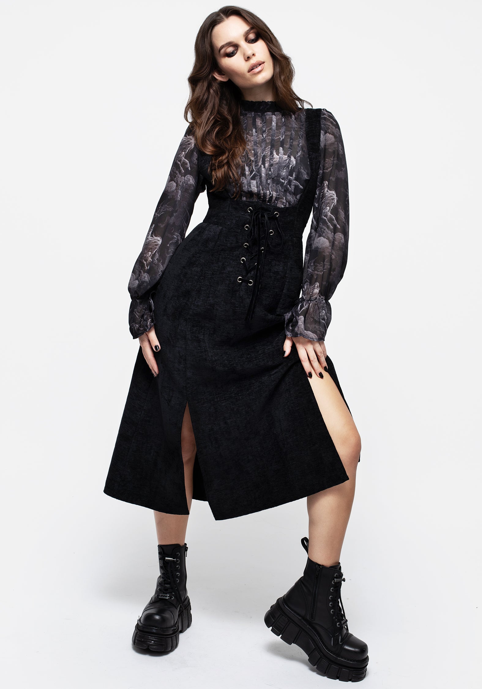 Black Corduroy Lace-Up Midi Pinafore Dress | Valar