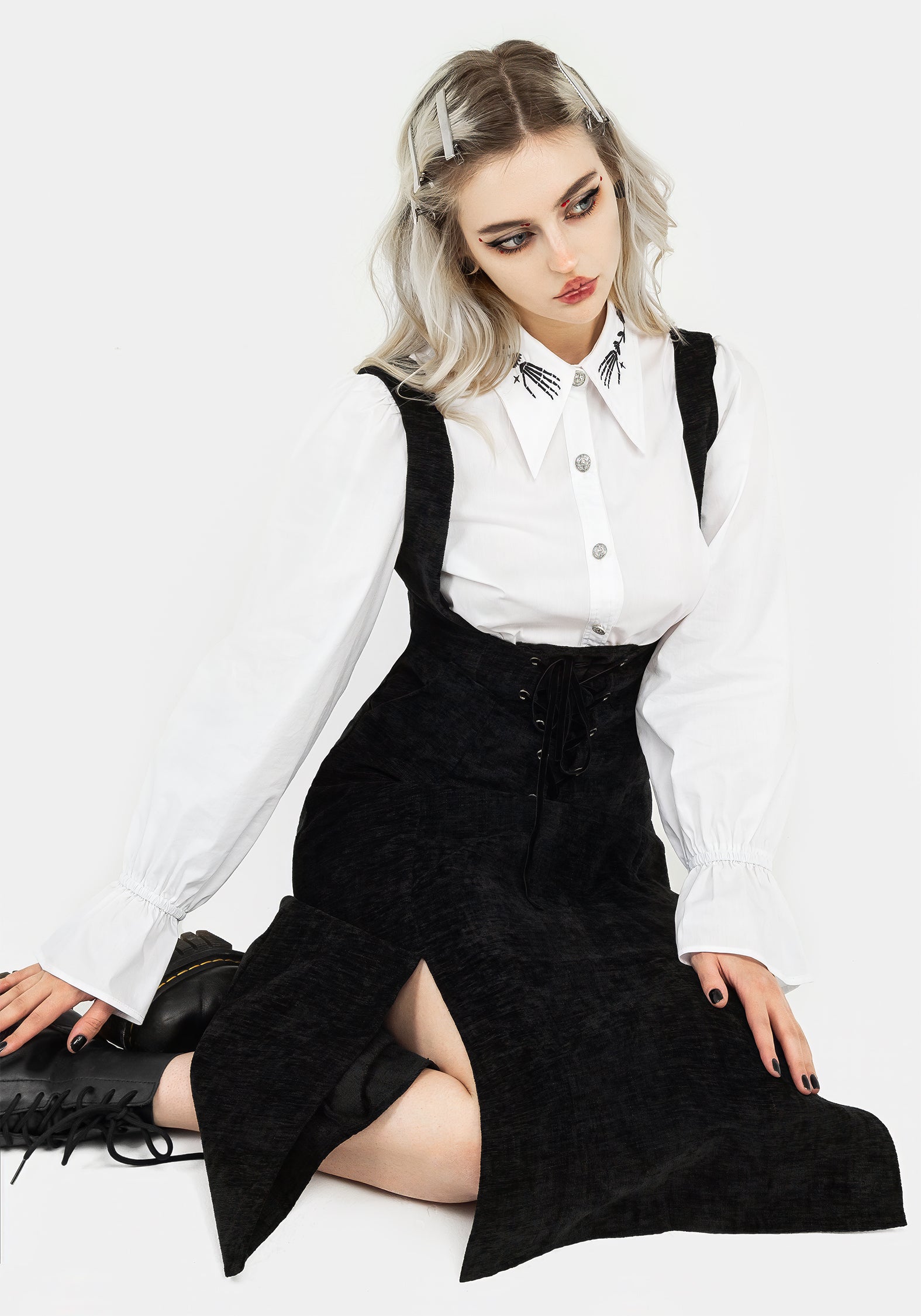 Black Corduroy Lace-Up Midi Pinafore Dress | Valar
