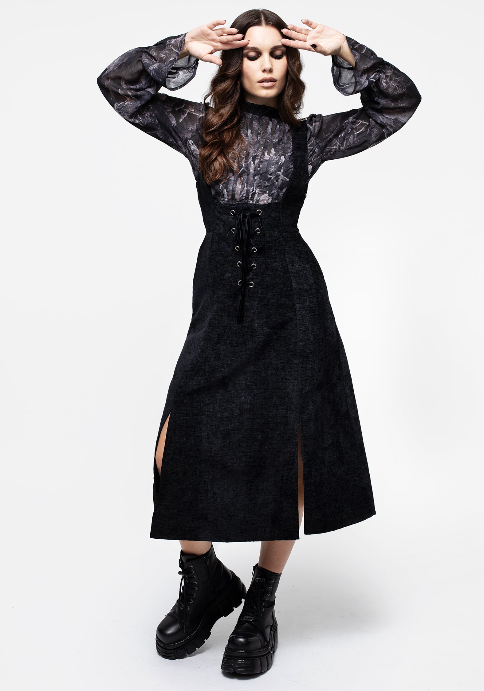 Black Corduroy Lace-Up Midi Pinafore Dress | Valar