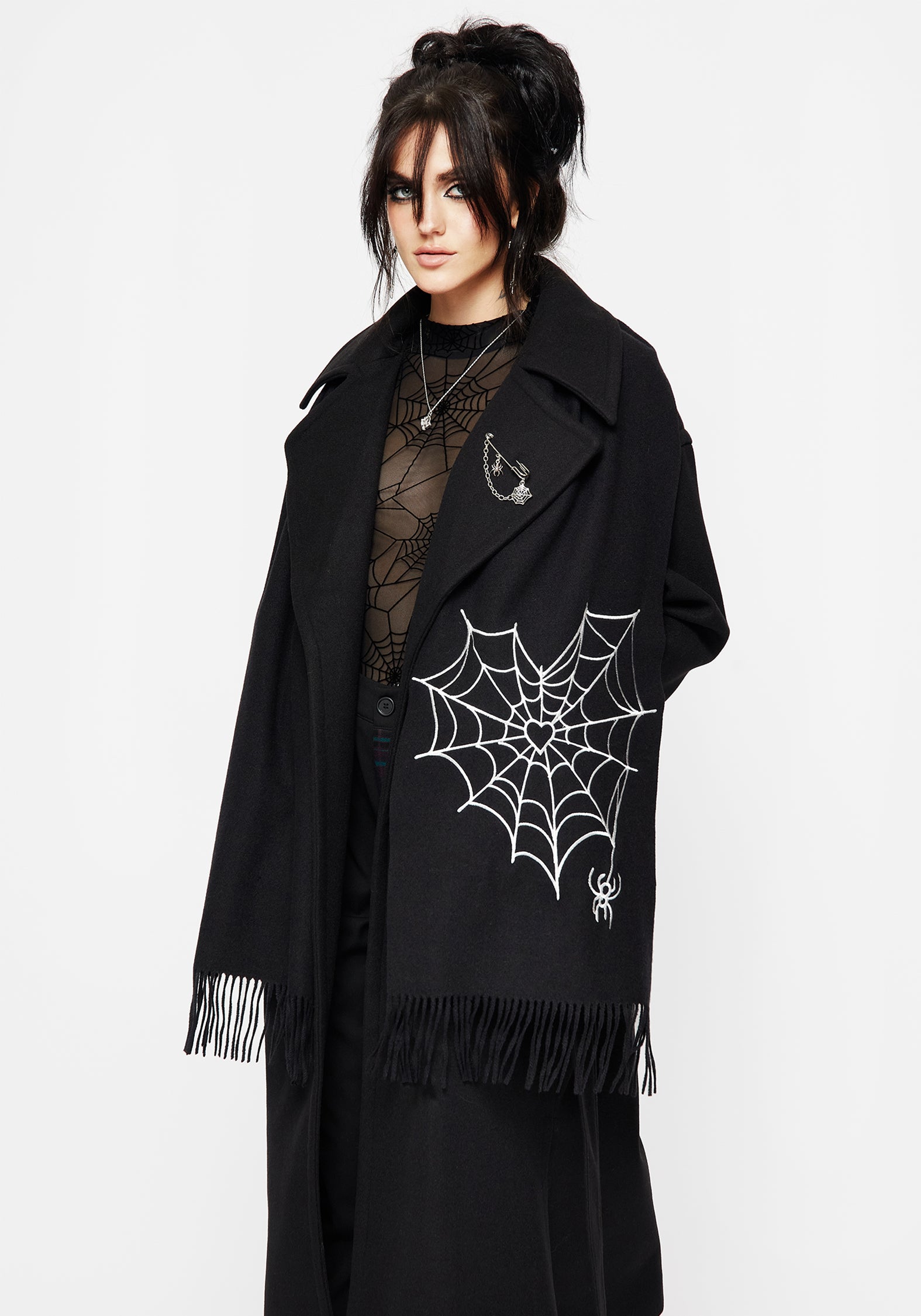 Black Embroidered Scarf with Spiderweb Design | Catch Feelings