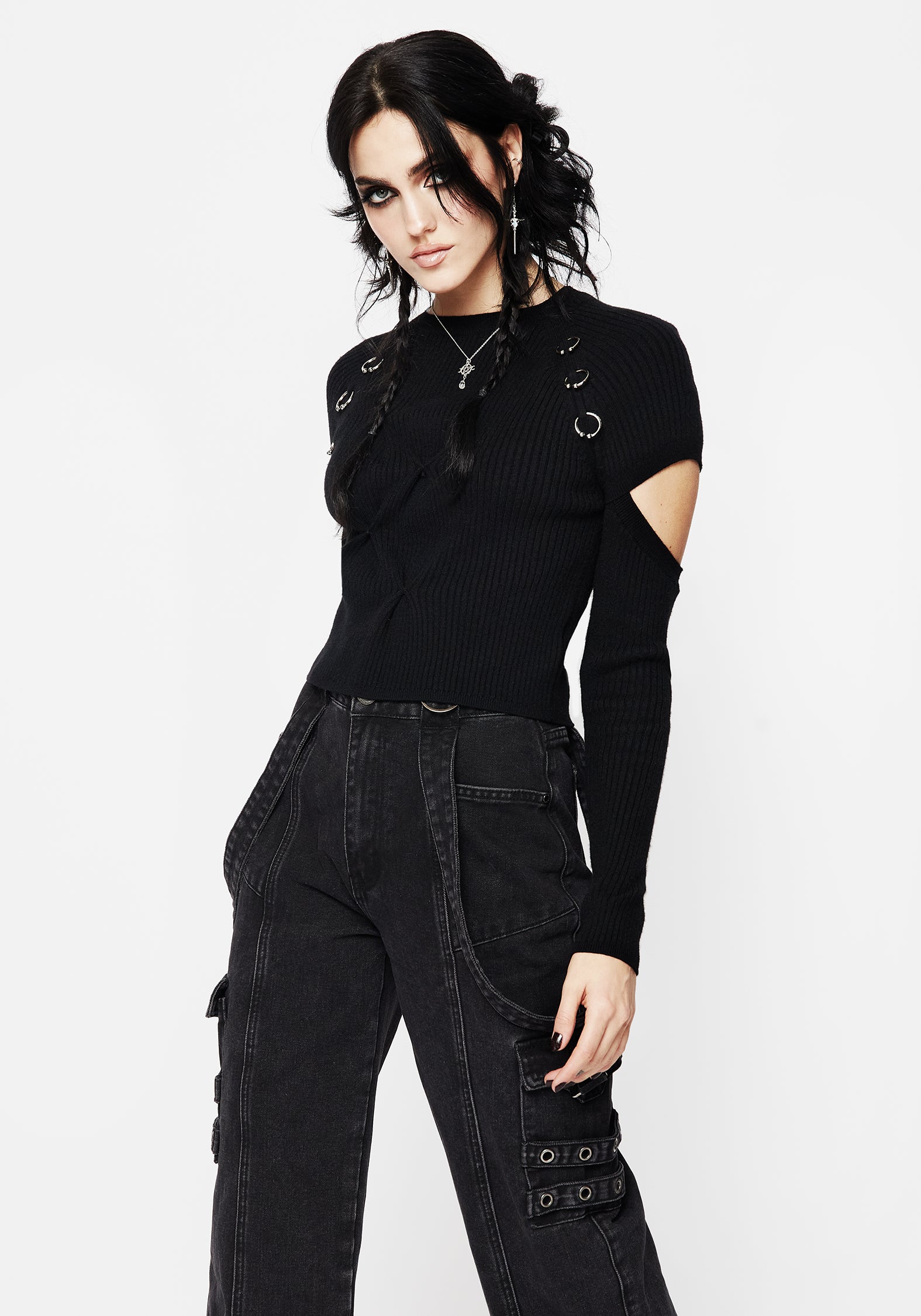 Black Rib Knit Sweater with Cut-Outs & Silver Hardware | Slim Fit