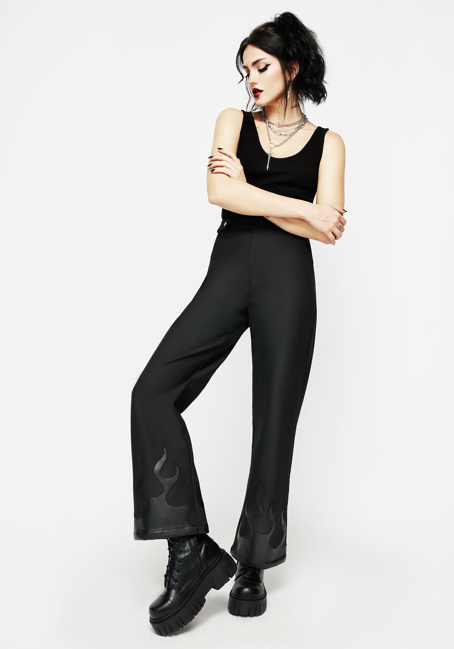 Black Faux Leather Wide Leg Trousers with Flame Design | Ignite