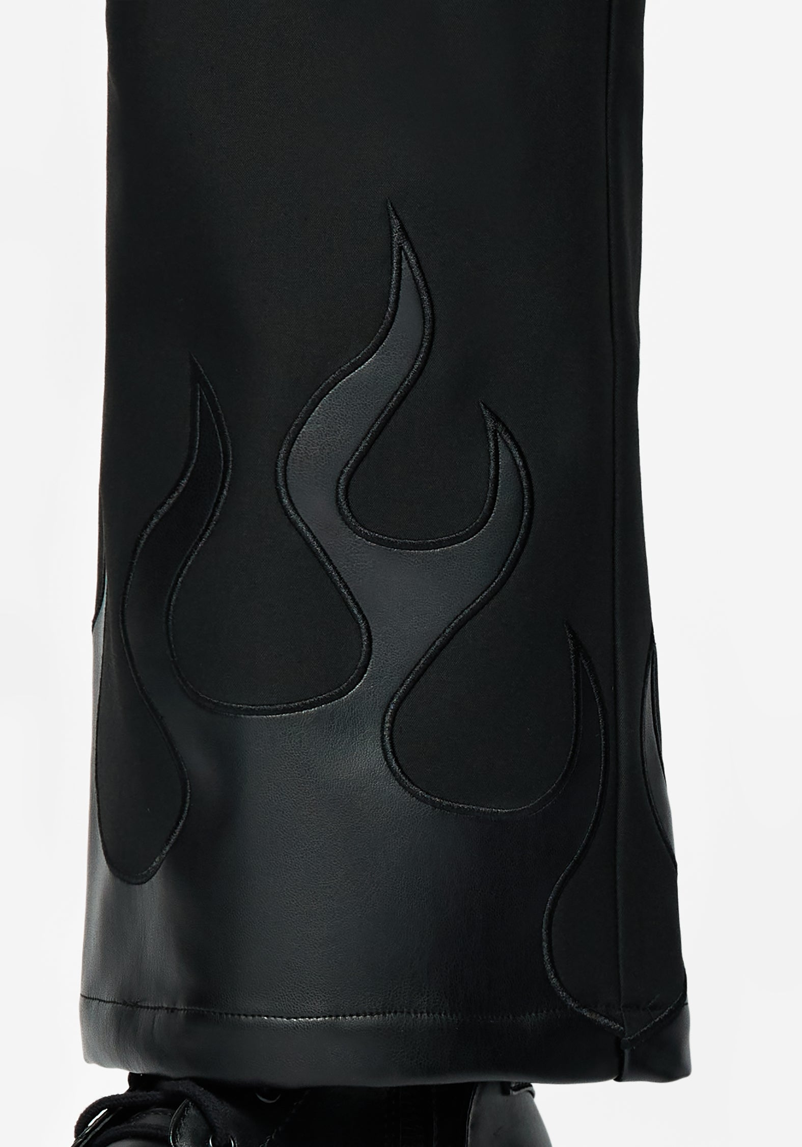 Black Faux Leather Wide Leg Trousers with Flame Design | Ignite