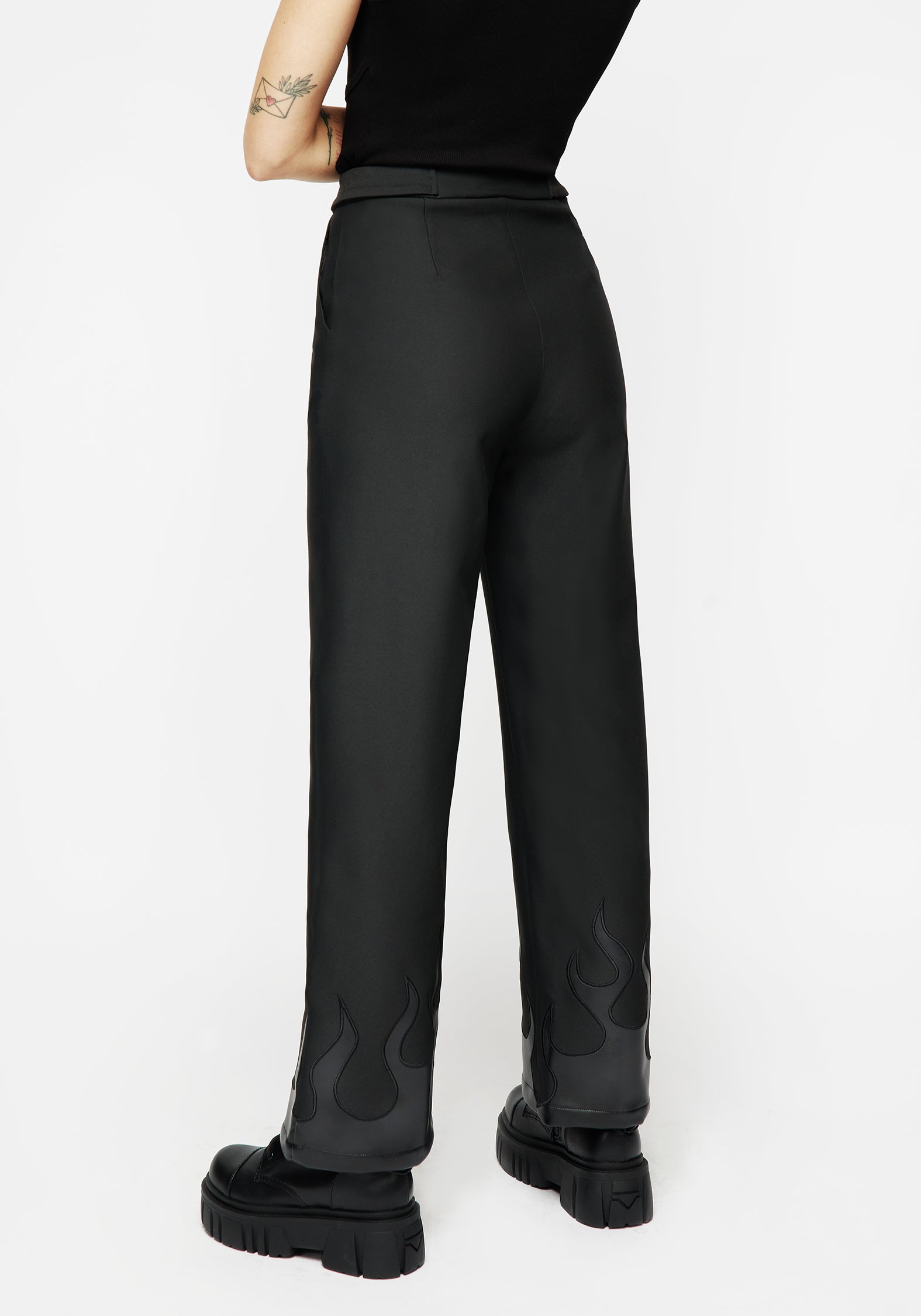 Black Faux Leather Wide Leg Trousers with Flame Design | Ignite
