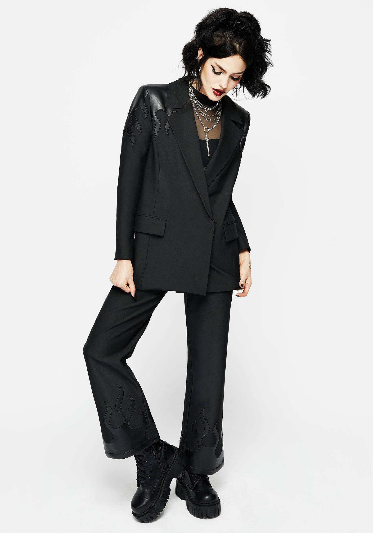 Black Faux Leather Wide Leg Trousers with Flame Design | Ignite