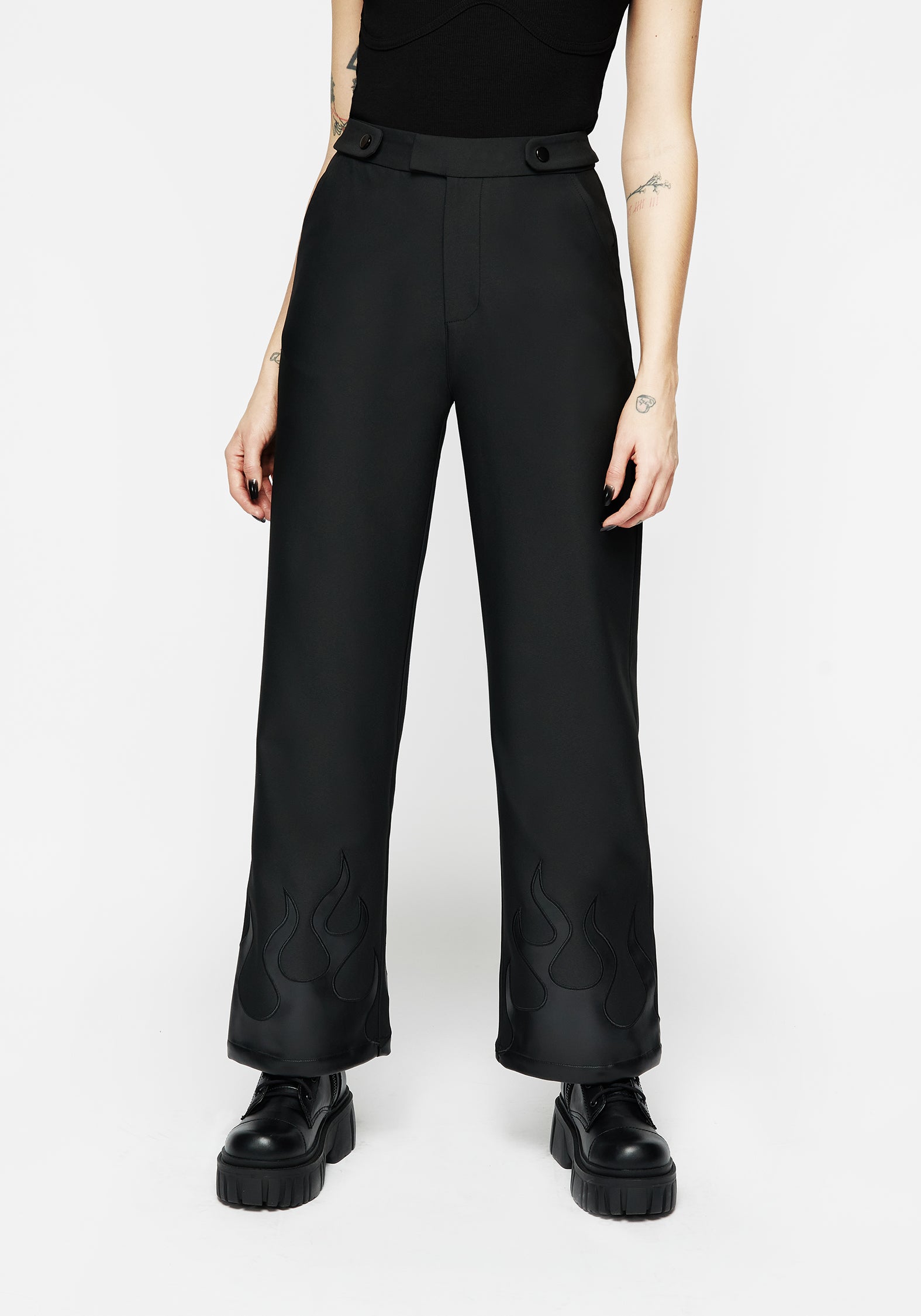 Black Faux Leather Wide Leg Trousers with Flame Design | Ignite