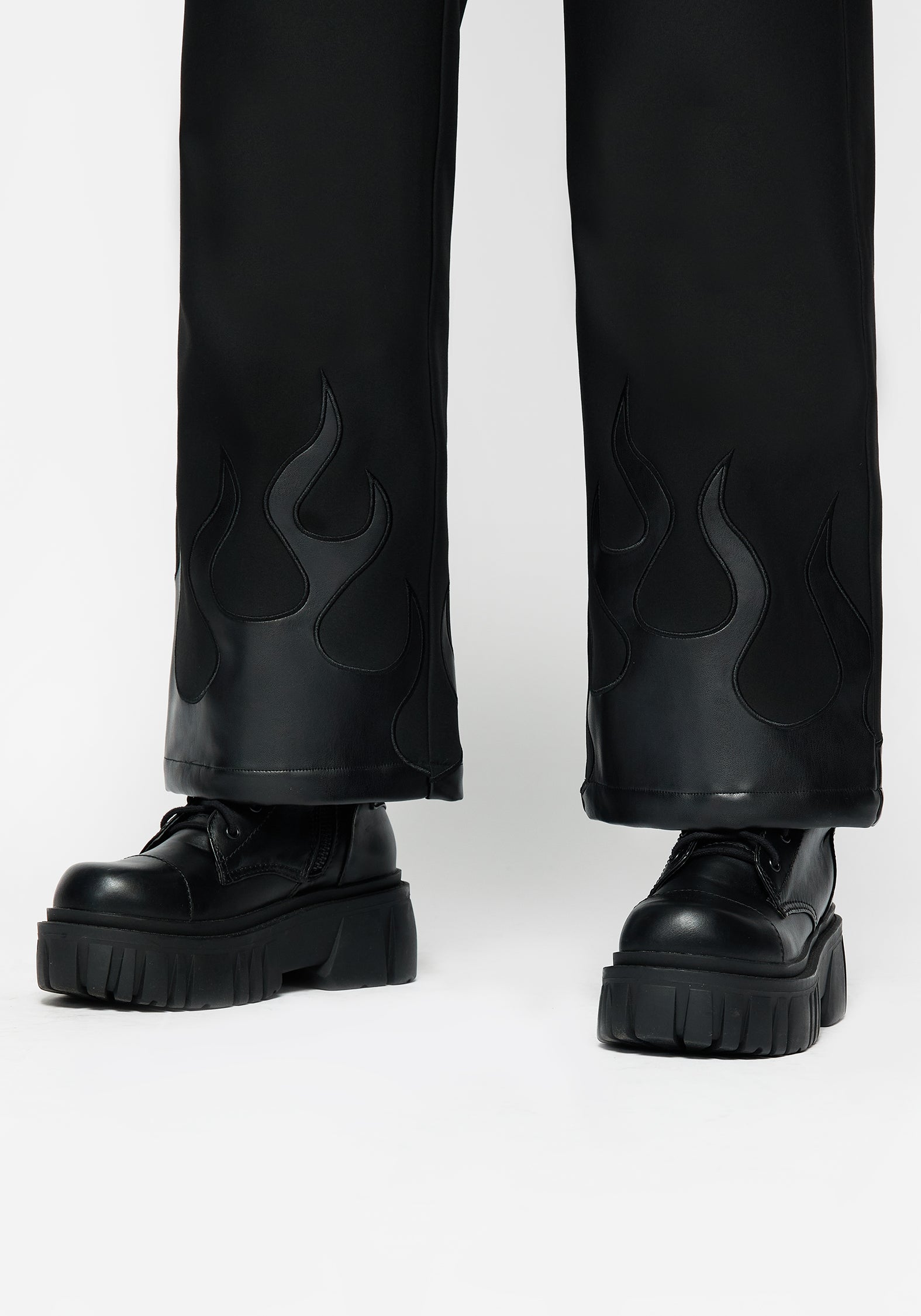 Black Faux Leather Wide Leg Trousers with Flame Design | Ignite