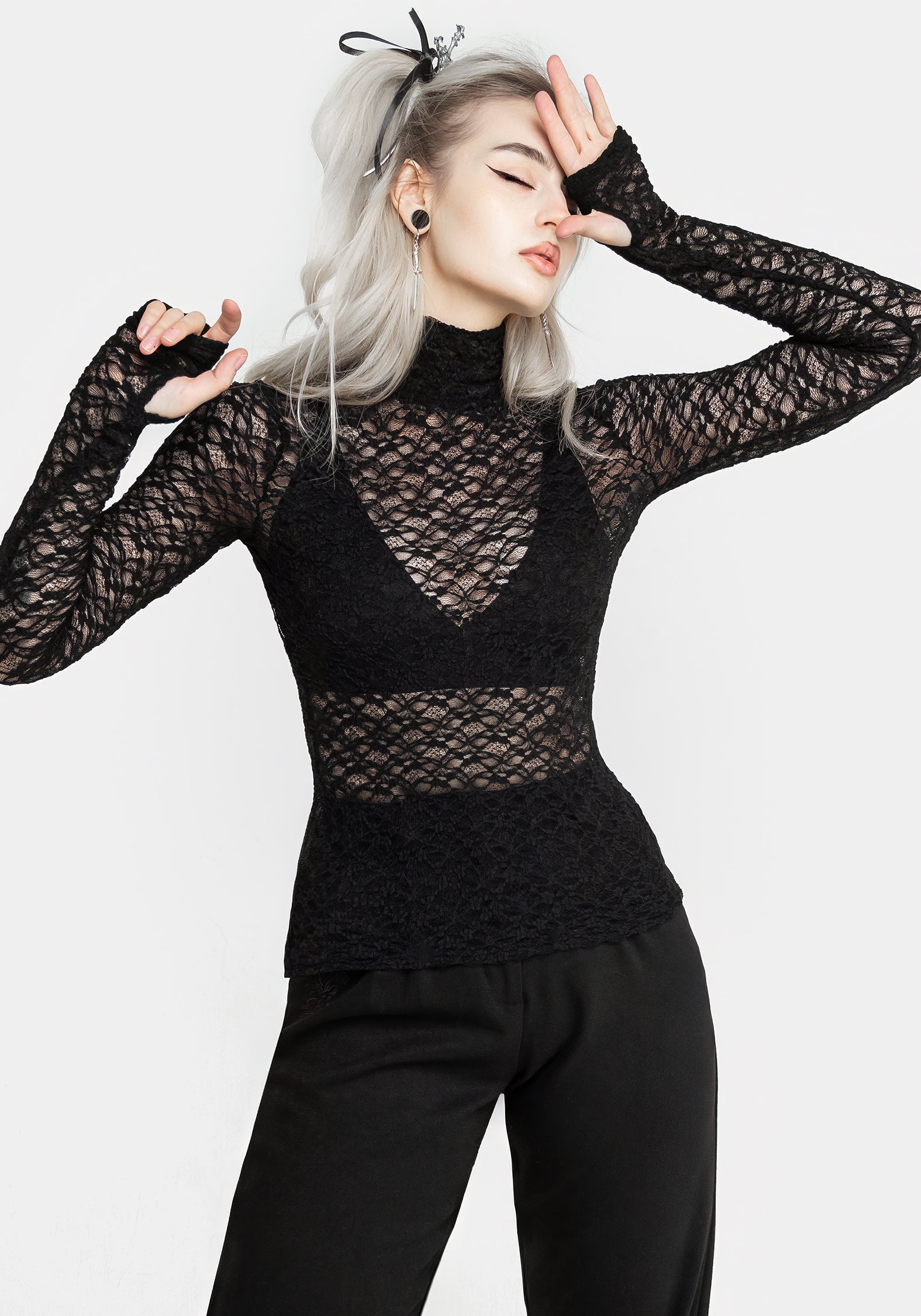 Black Lace High Neck Top with Long Sleeves & Thumb Holes | Arabella